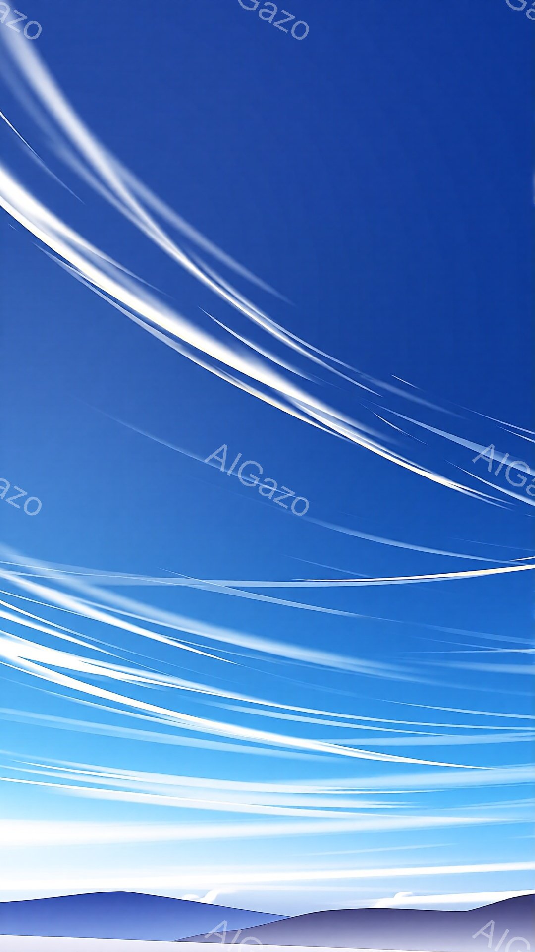 空は鮮やかな青色で、白い飛行機雲が斜めに幾重にも広がっている。地平線近くには、霞んだような薄紫色の山並みが連なり、穏やかで開放的な雰囲気を醸し出している。雲の流れと山並みの静けさが、広大で平和な情景を作り出している。