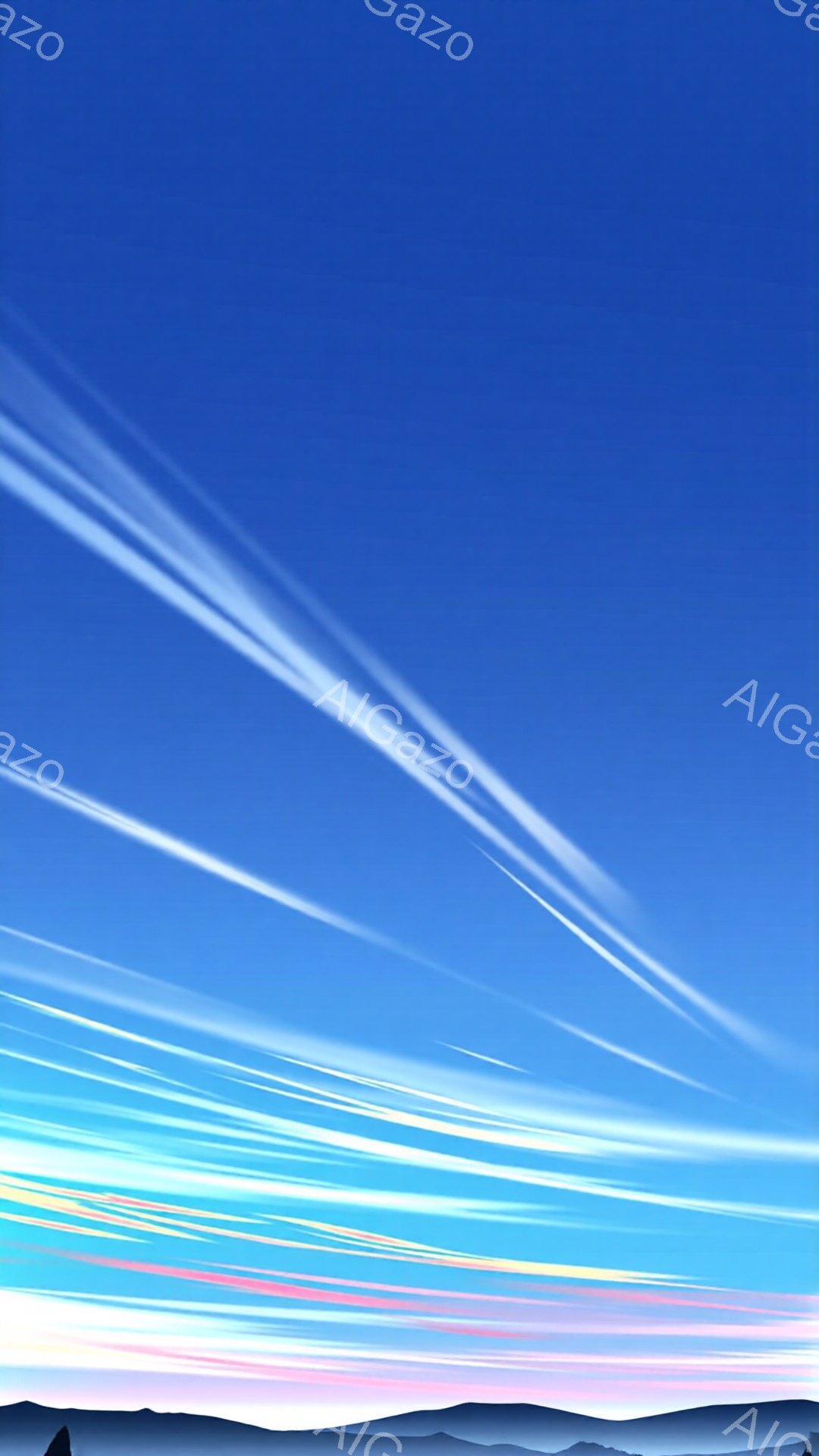 広大な青空に白い飛行機の雲が幾本も描かれ、遠くには山脈が薄紫色に霞んで見えている。地平線付近はピンクやオレンジ、黄色が混ざり合い、空全体に穏やかで幻想的な雰囲気を醸し出している。雲の流れは空を横切り、自然と人工が調和した美しい景観を作り出している。