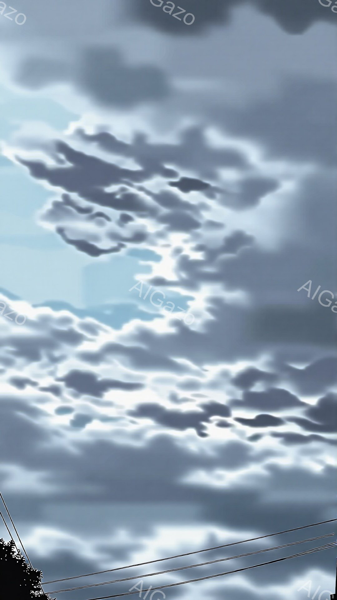 雲が広がる空が印象的な写真です。厚い灰色の雲が太陽を覆い隠し、強いコントラストを生み出しています。遠くには電線と一部の緑が見え、都会の風景と自然が混ざり合った雰囲気を醸し出しています。