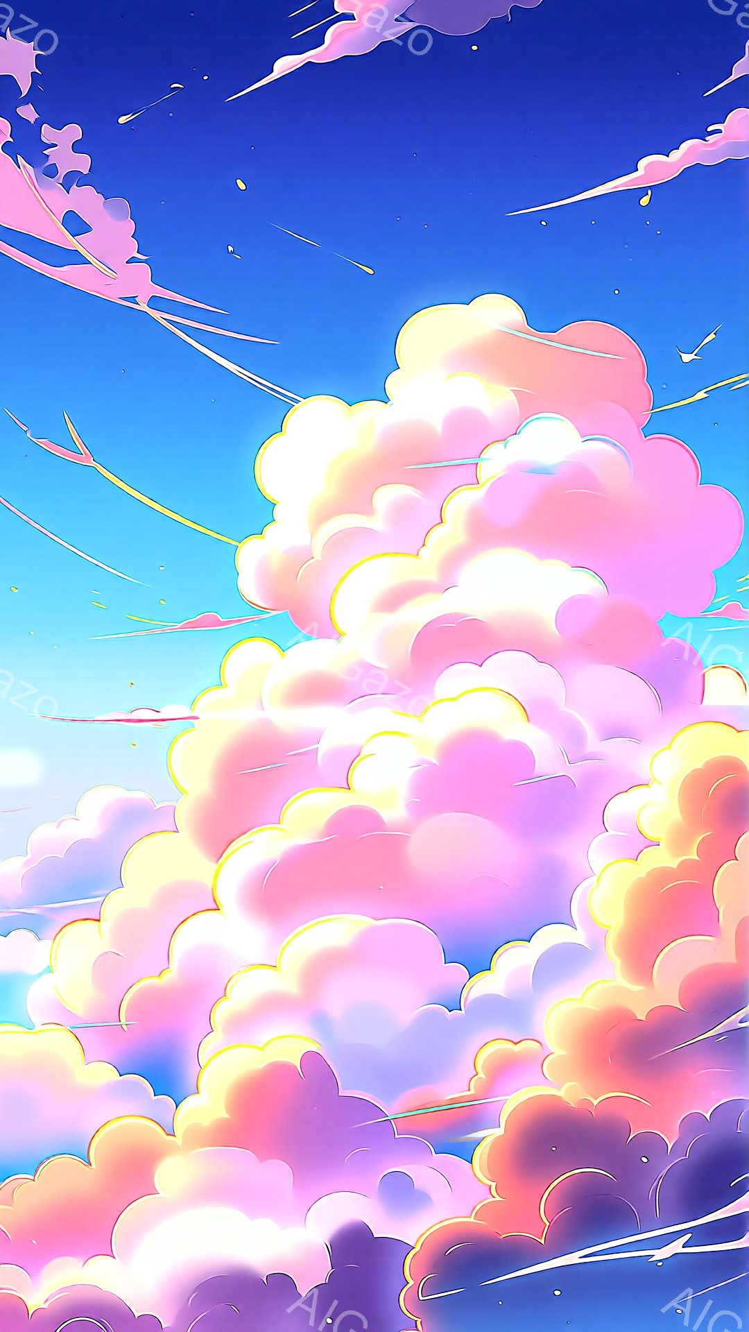 広大な空に、ピンク、紫、オレンジ色をしたもくもくとした雲が広がっている。雲はまるで綿菓子のように柔らかい質感で、光が当たって輝いている。背景は鮮やかな青空で、いくつかの白い線が雲の間を横切っており、空気が流れているような印象を与える。