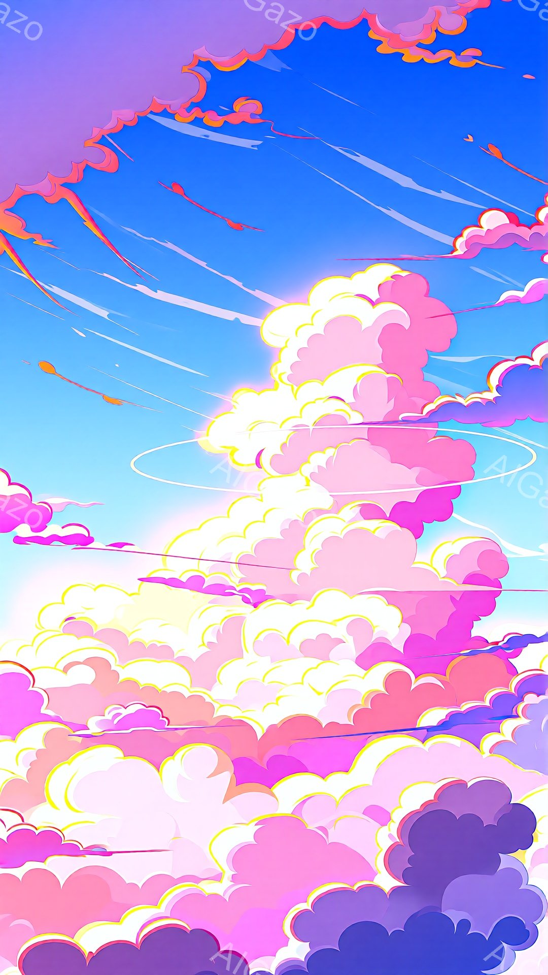 この画像は、鮮やかなピンクと紫色の雲が空を覆う幻想的な風景を描いています。雲は様々な形をしており、まるで綿菓子のようにふっくらとしています。背景には青い空が広がり、太陽が雲間から輝き、全体的に夢のような雰囲気を醸し出しています。