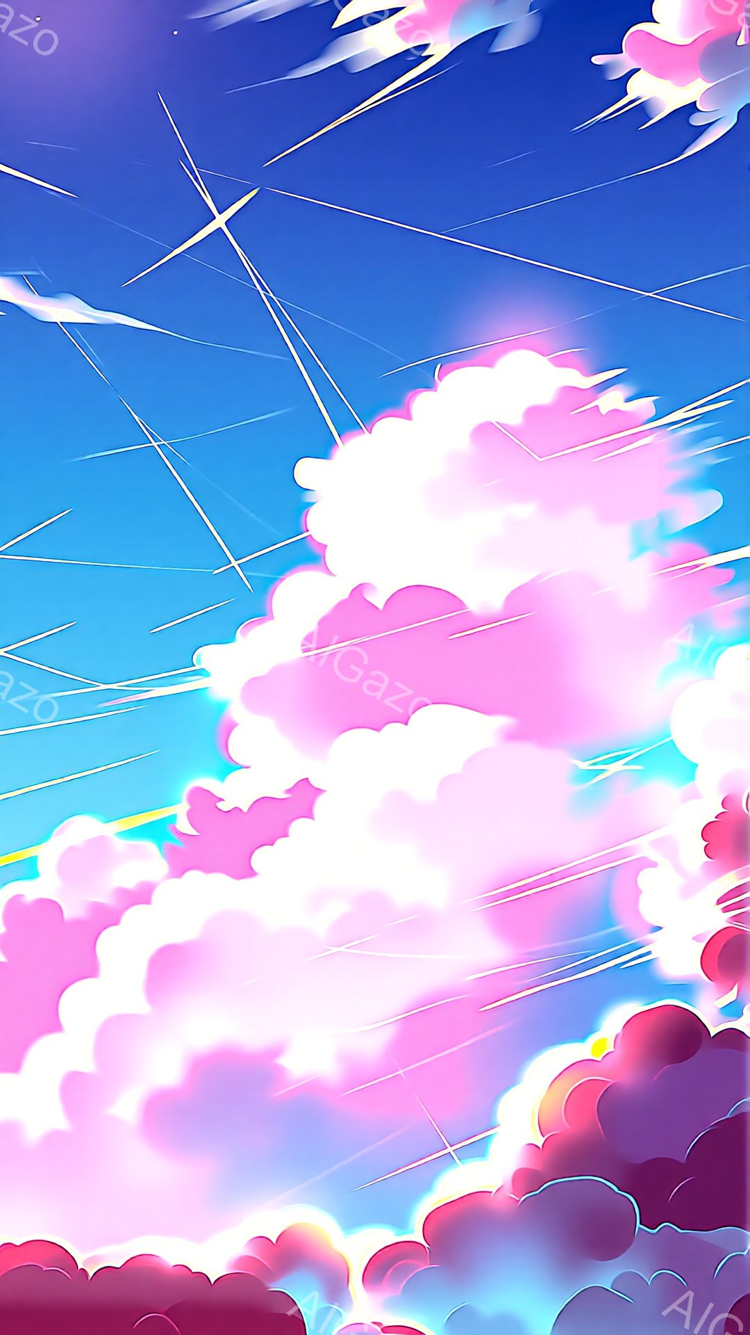 鮮やかなピンクと紫色の雲が空に広がり、強い光を放っている。雲はまるでエネルギーの塊のように渦巻き、空には稲妻のような光の筋が走り、ダイナミックで幻想的な雰囲気を作り出している。背景は明るい水色で、雲のコントラストを際立たせ、全体的にパワフルで神秘的な印象を与える。