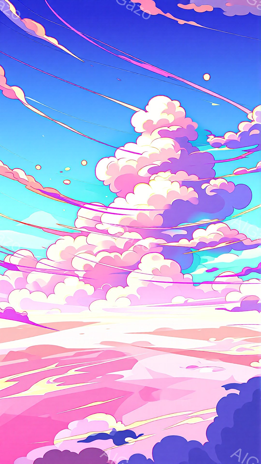 鮮やかなピンクと紫色の雲が空を埋め尽くし、まるで幻想的な風景を描き出しています。地平線には、ピンクがかった山々がぼんやりと見え、空にはいくつかの光る球体が浮かんでいます。全体的に、夢のような、穏やかで希望に満ちた雰囲気です。