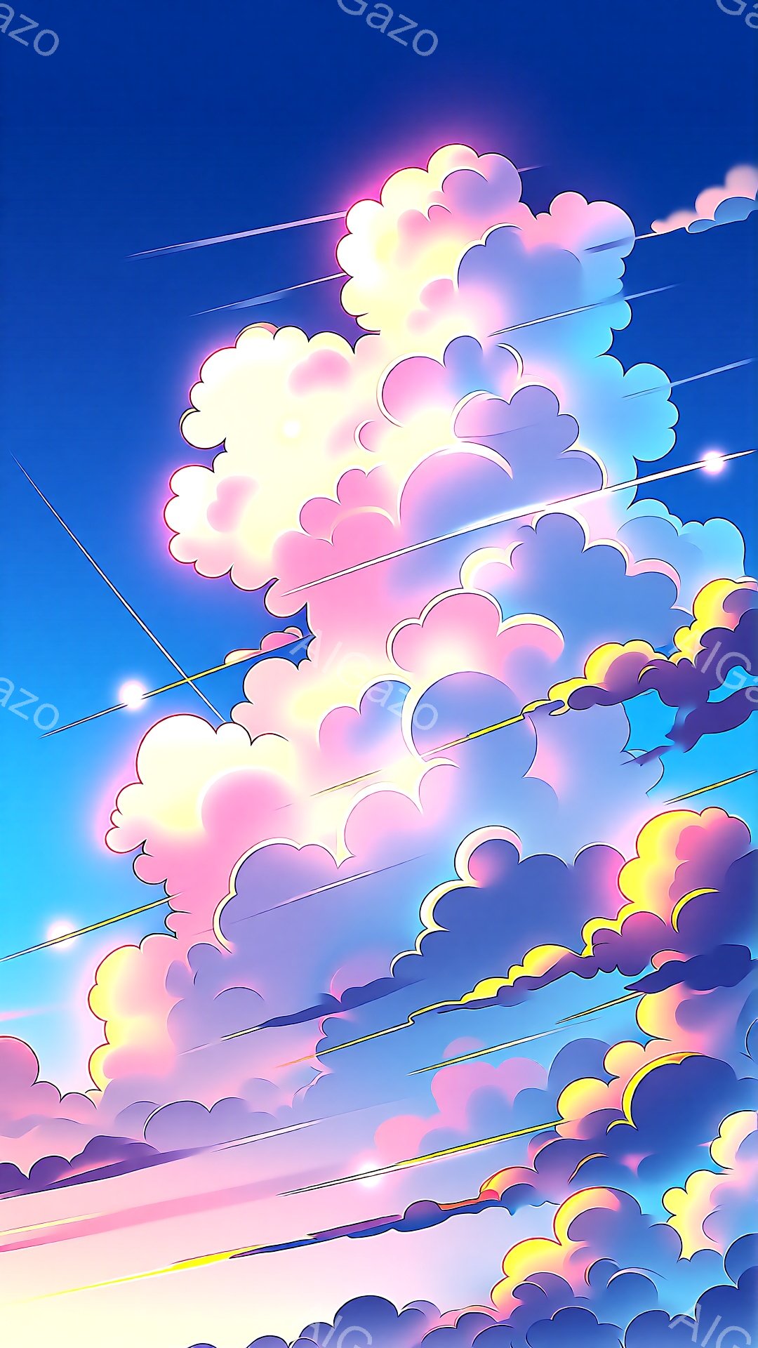 明るい青空に、ピンク、紫、黄色の雲が幻想的に広がっている。雲はまるで綿菓子のようにふわふわとしており、光の筋が空を横切って、希望に満ちた雰囲気を醸し出している。全体的に、夢のような、穏やかで美しい空の情景が描かれている。