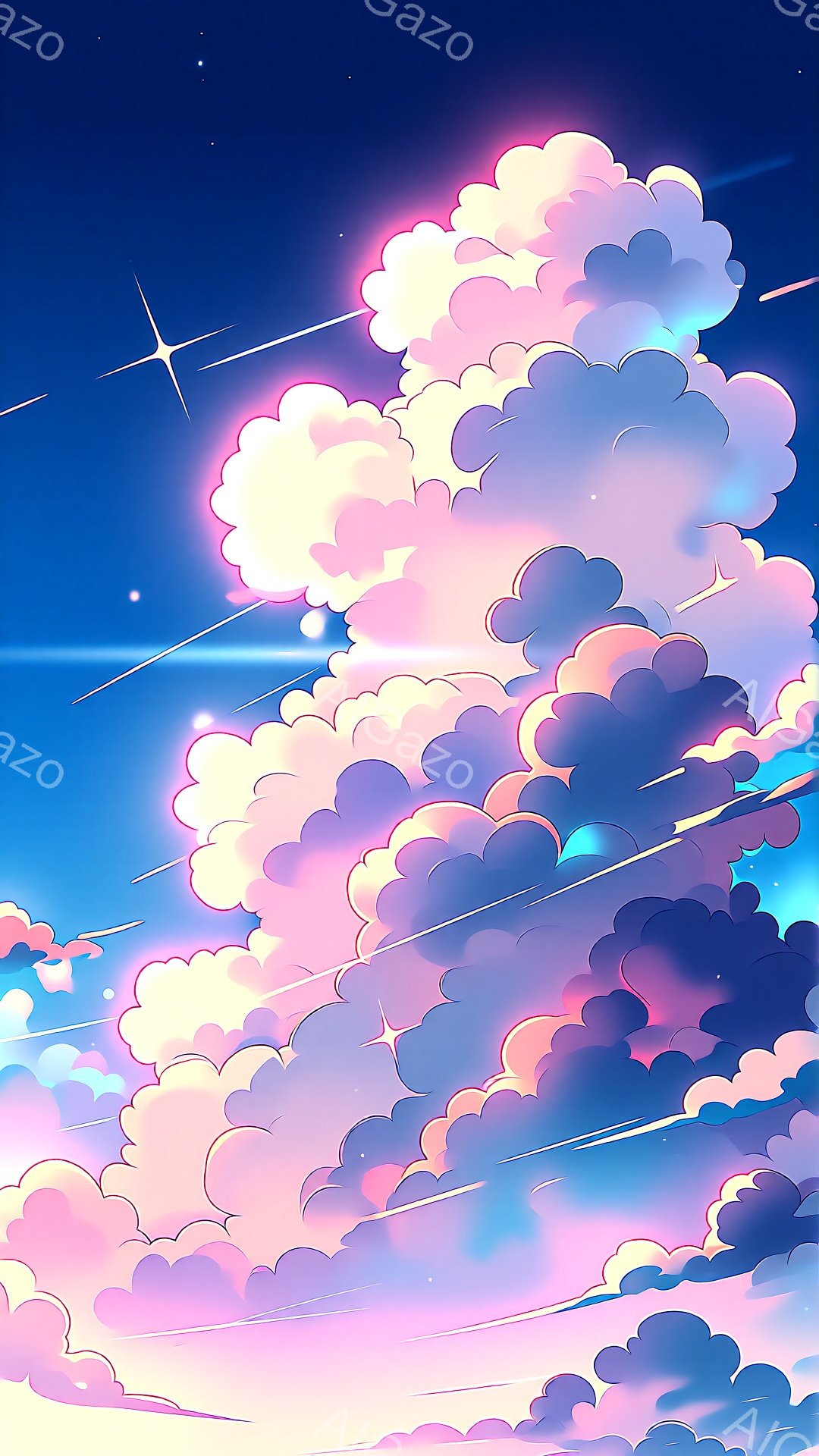 鮮やかな青空を背景に、ピンクと紫色の雲が大きく広がっている。雲は柔らかく、ふっくらとしており、まるで綿菓子のような質感を持っている。光の筋が雲の間を走り、幻想的で穏やかな雰囲気を醸し出している。 - AI生成フリー素材