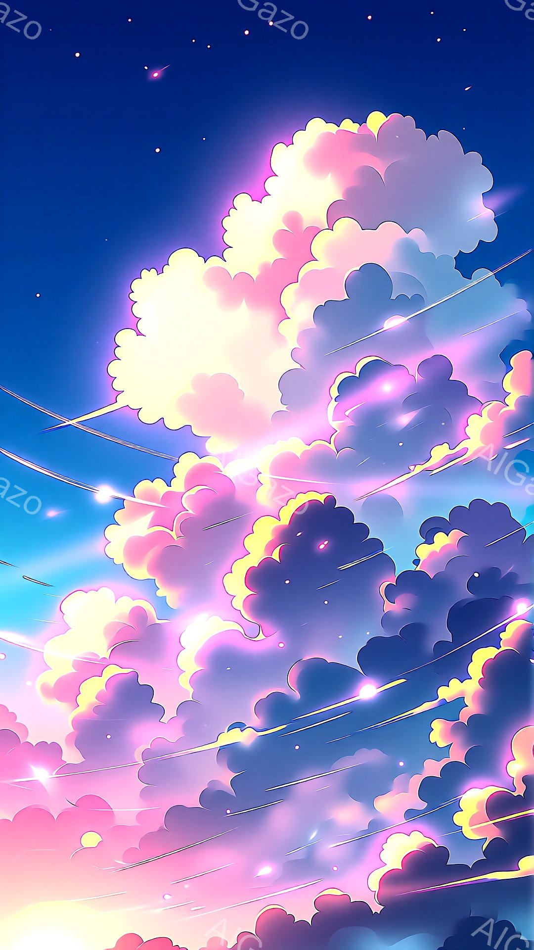 鮮やかなピンクと紫、水色の雲が空一面に広がり、幻想的な光景を作り出しています。雲はふっくらとしており、まるで綿菓子のようであり、その中に淡い光が差し込んでいます。空にはキラキラと輝く星のような光が散りばめられ、全体的に夢幻的で優しい雰囲気を醸し出しています。