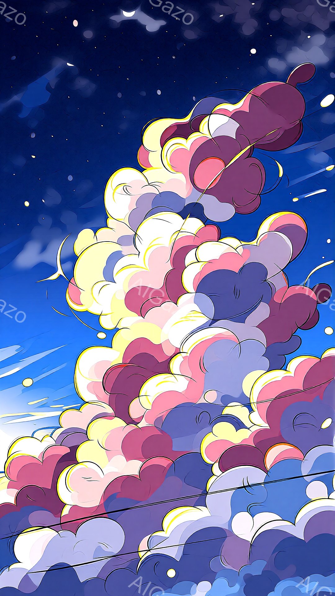 鮮やかなピンク、紫、水色の雲が渦巻くように描かれたイラストです。夜空には小さな星が散りばめられており、雲はまるで巨大な綿菓子のようです。全体的に夢幻的でファンタジーな雰囲気を醸し出しています。