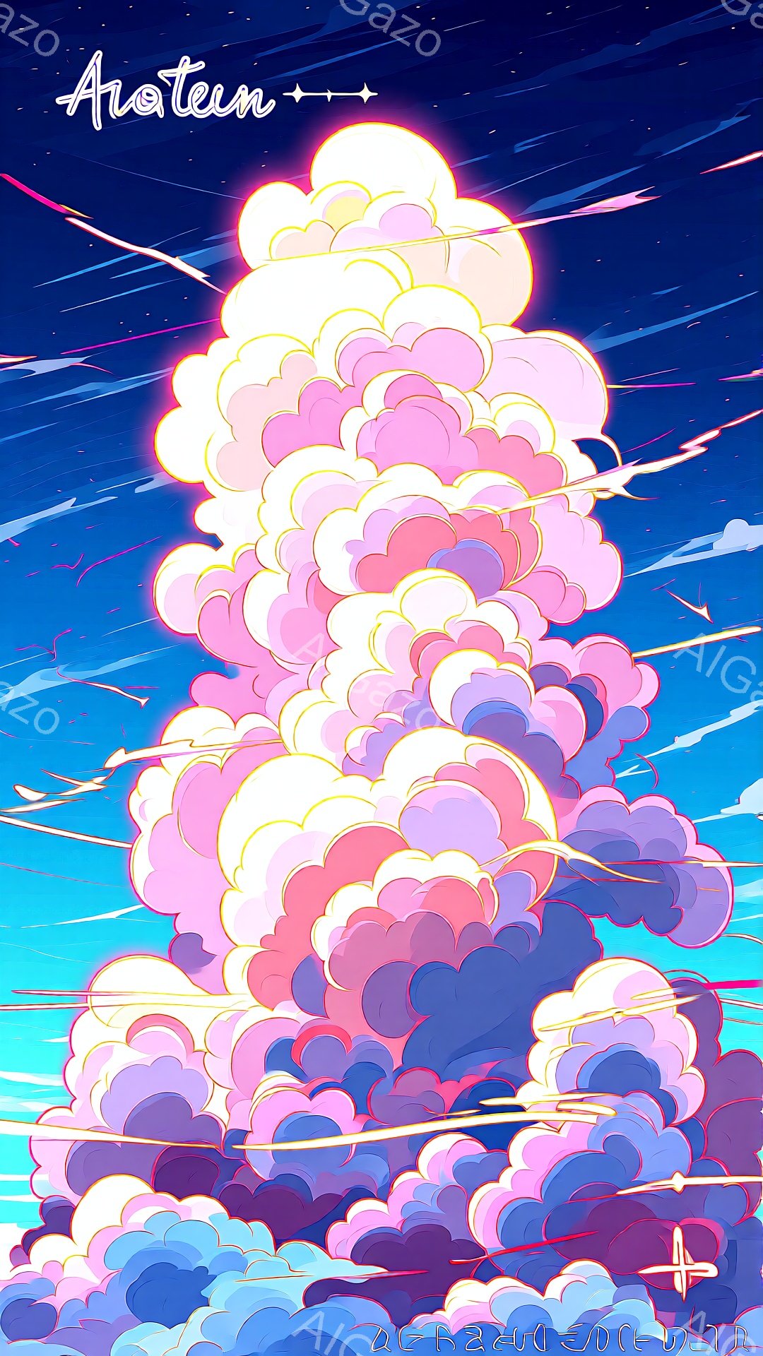 空には、ピンク、紫、青の色合いが混ざり合った、ふわふわとした雲が積み重なり、巨大な女性のシルエットを形作っています。雲は髪の毛のように流れ、その輪郭は幻想的で、空にはいくつかの飛行機が飛んでいます。全体的に、鮮やかで夢のような雰囲気で、空と雲のコントラストが美しいイラストです。