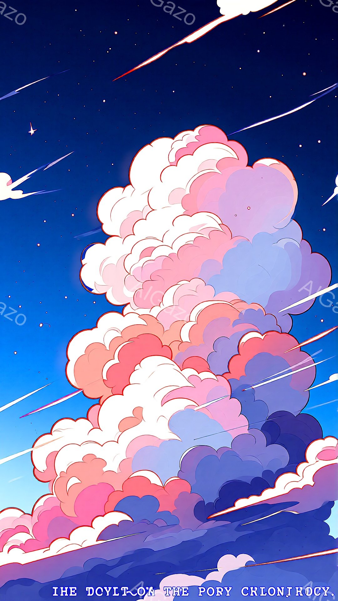 空には、鮮やかなピンクと紫色の雲が広がり、まるで綿菓子のようなふわふわとした質感を表現しています。雲は様々な形をしており、まるで空を漂う巨大な生き物のように見えます。夜空には星が散りばめられ、雲を背景に輝き、幻想的で夢のような雰囲気を醸し出しています。