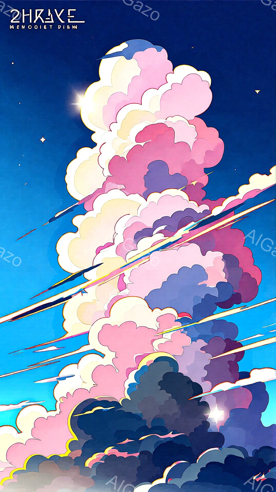 空には、ピンクや紫、灰色など、パステルカラーを基調とした壮大な雲が広がっています。雲はまるで巨大な柱のようで、空に向かって力強く上昇し、光沢のある青い線が雲の間を駆け抜けています。全体的に幻想的で、どこか神秘的な雰囲気を漂わせています。