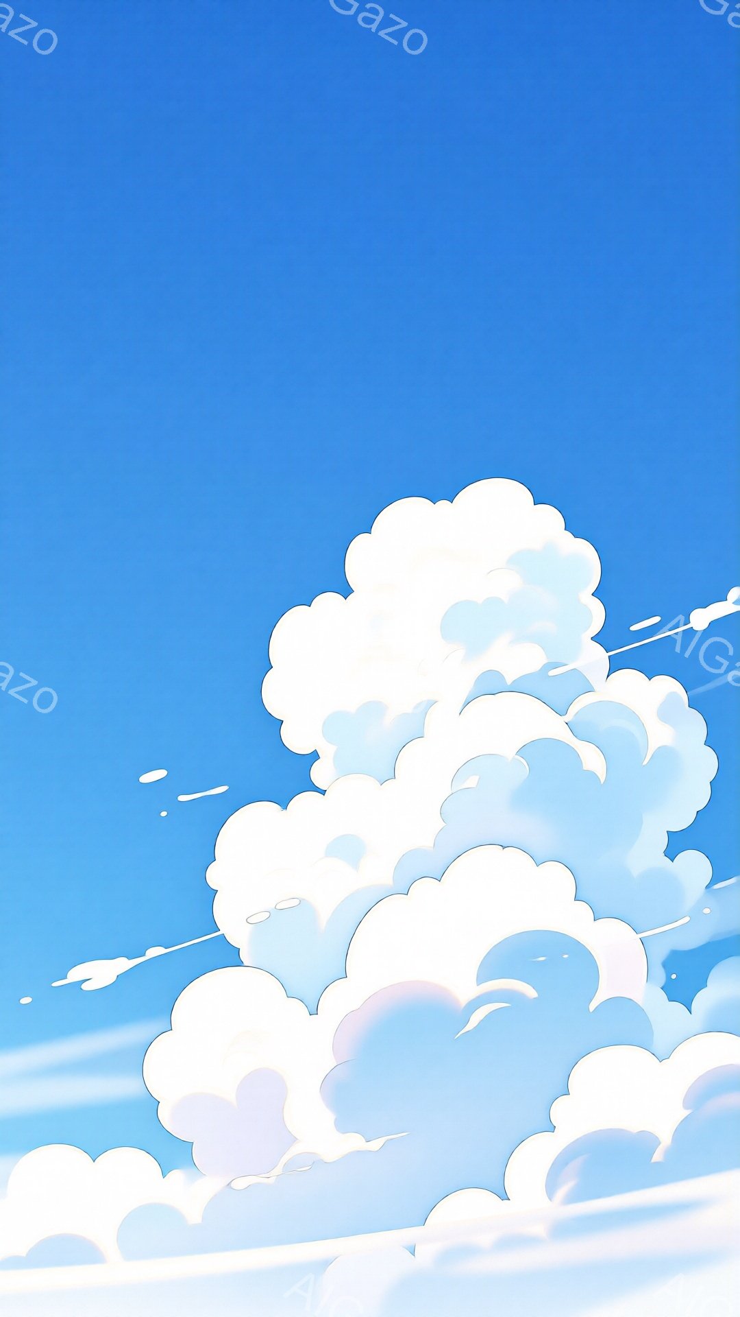 鮮やかな青空に、ふわふわとした白い雲が広がっています。雲は様々な形をしており、まるで綿菓子のようです。空には数本の白い線が描かれており、飛行機雲のように見えます。