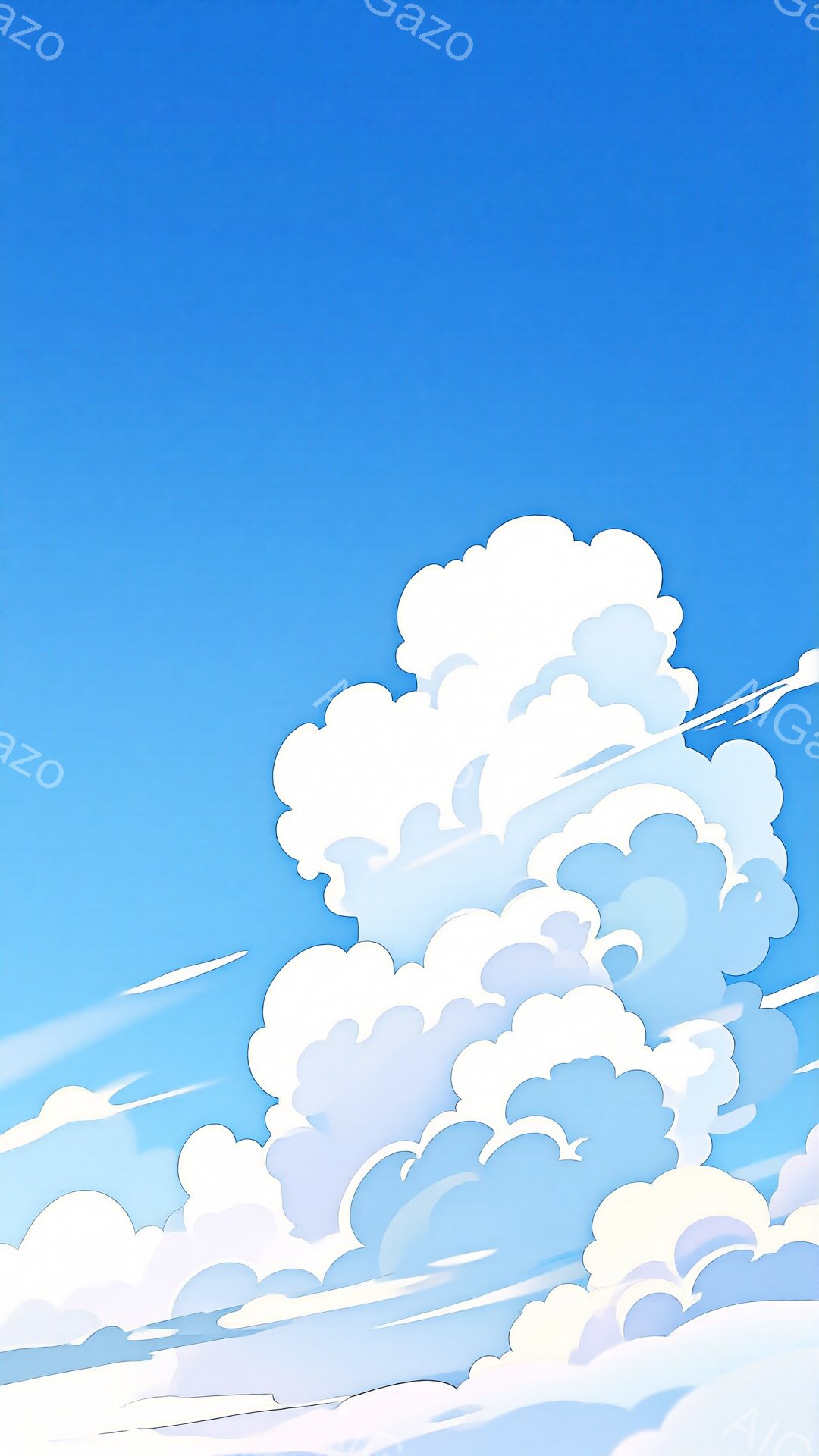 鮮やかな青空に、ふわふわとした白い雲が大きく広がっています。雲は綿のように丸みを帯びており、影が薄く入り、立体感が感じられます。空には飛行機雲が数本伸びており、穏やかで平和な夏の日の空模様です。