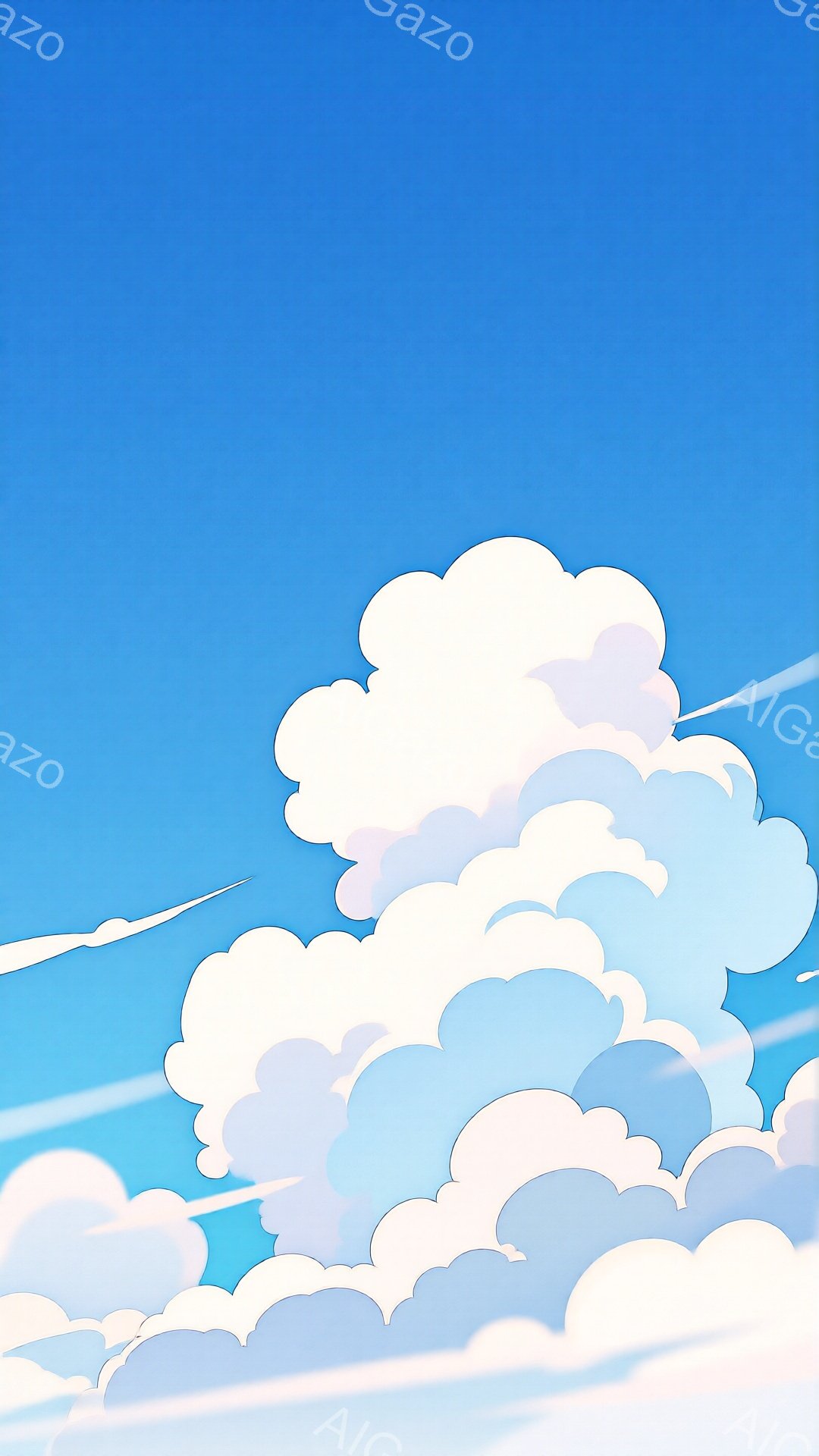 鮮やかな青空に、ふわふわとした白い雲が大きく広がっています。雲は層状になっており、まるで綿菓子のように柔らかい印象を与えます。空には細い飛行機雲が数本、雲の合間を白く引き裂くように走っています。