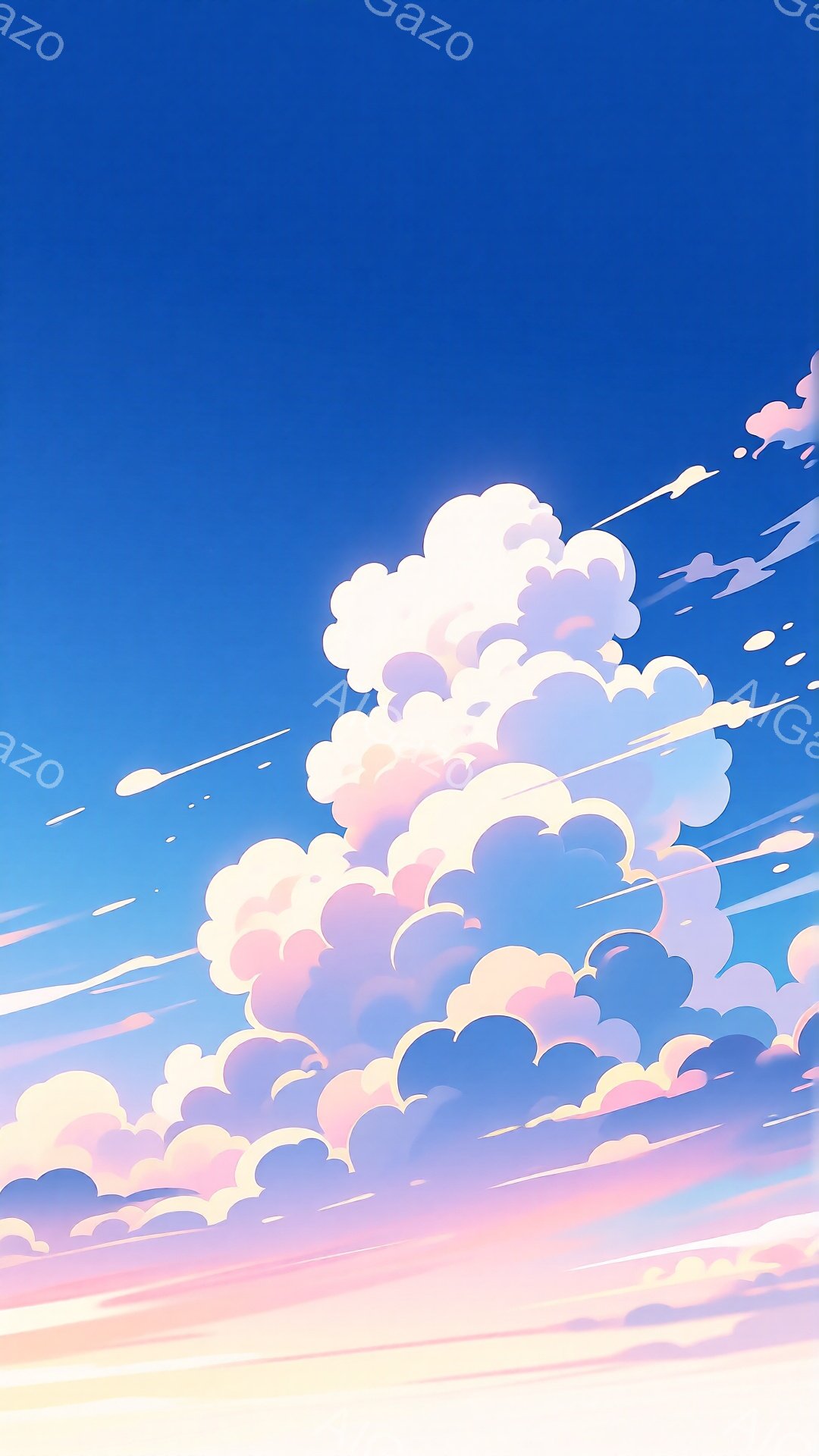 空は鮮やかな青色から薄いピンク色へとグラデーションしており、ふわふわとした雲が特徴的です。雲は白と淡いピンク、紫色の色合いで、まるで綿菓子のように柔らかい印象を与えます。地平線付近はオレンジ色に染まり、穏やかで夢幻的な雰囲気を醸し出しています。