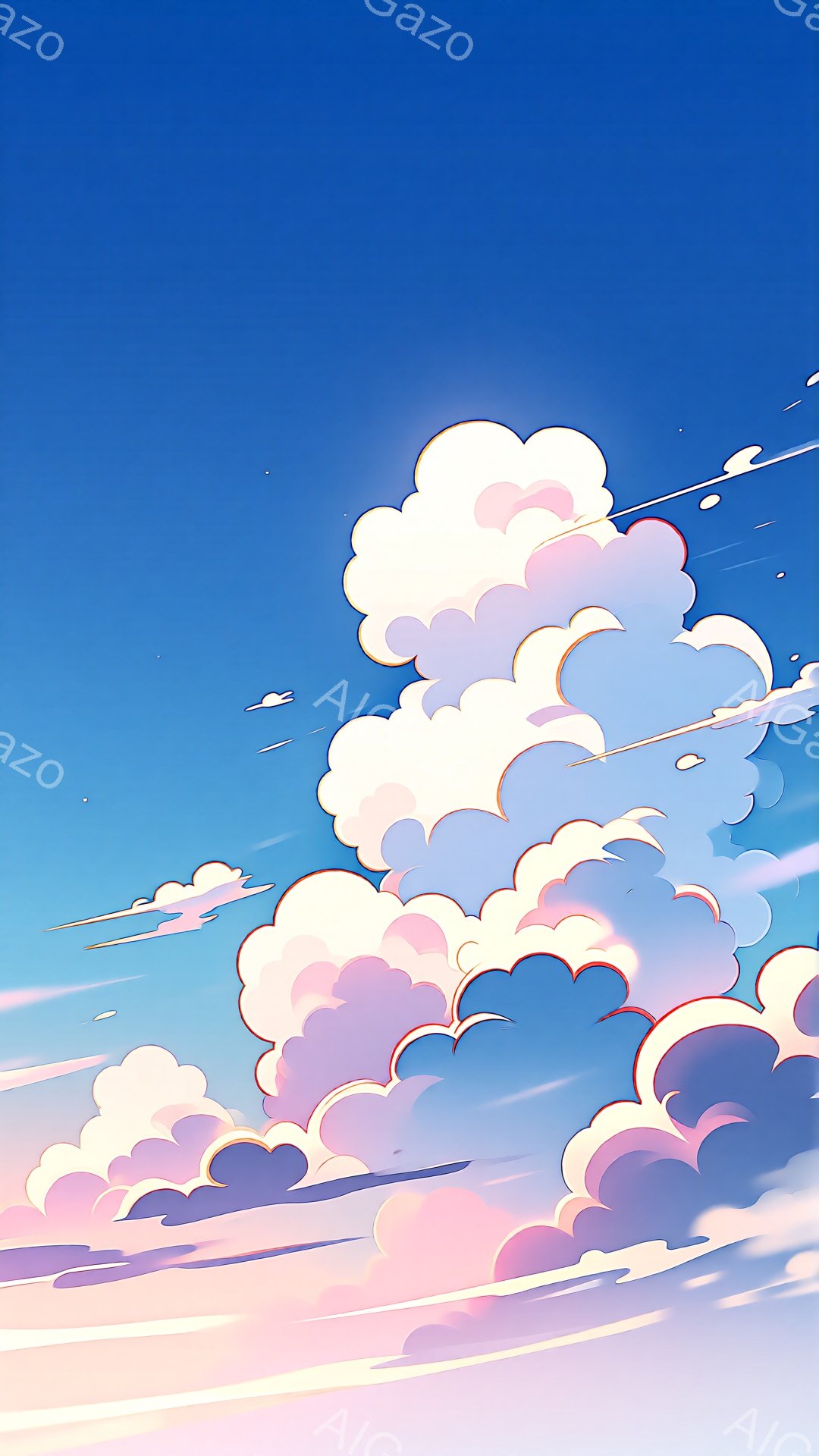 空一面に、ピンク、紫、白のふわふわとした雲が広がっている。地平線は薄いオレンジ色で、空は明るい青色から徐々に濃くなっており、穏やかで幻想的な雰囲気を醸し出している。雲の形は多様で、まるで綿菓子のように - AI生成フリー素材