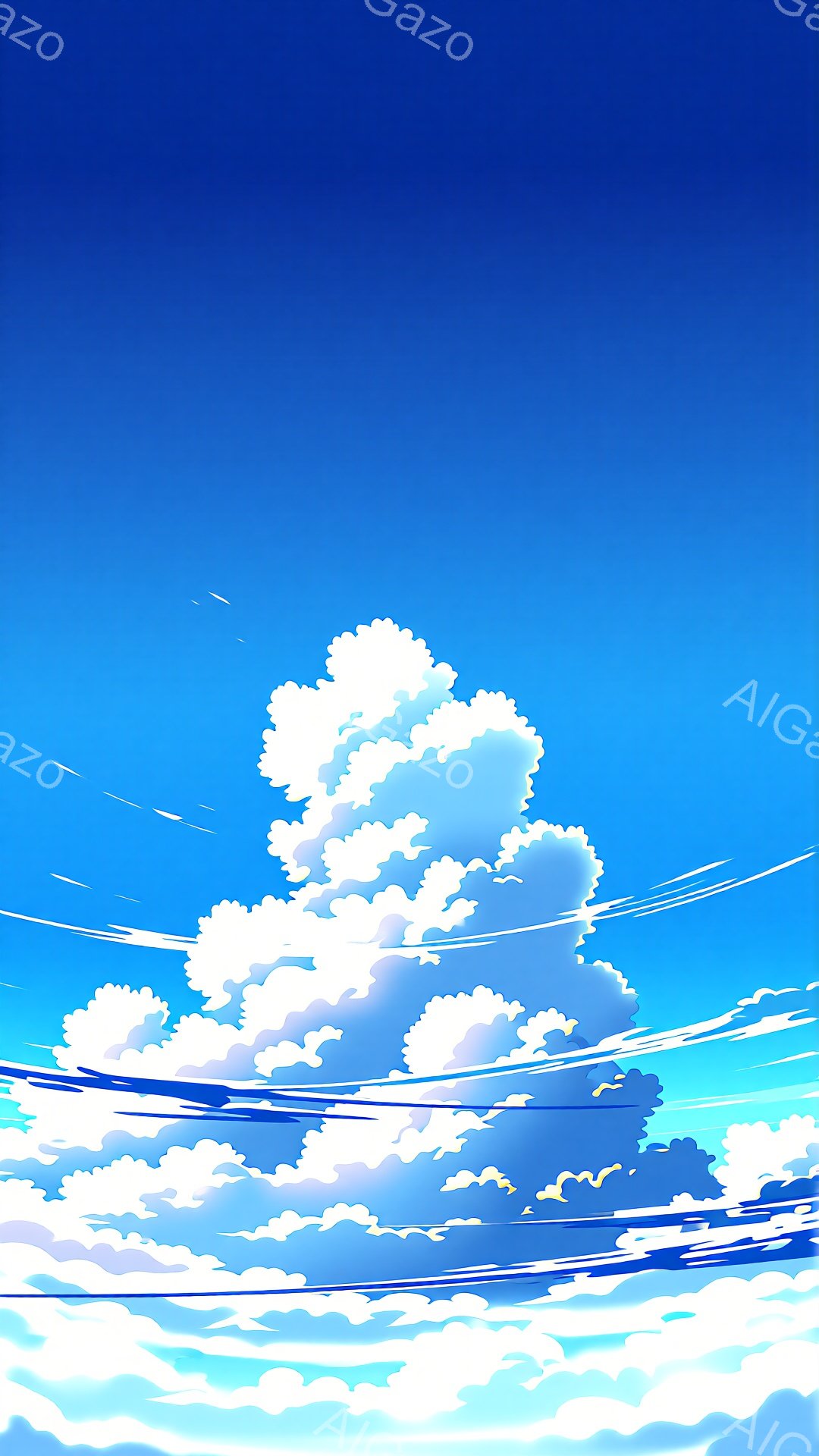 鮮やかな青空に、もくもくと積み重なった白い雲が印象的な風景です。雲は、まるで巨大な綿菓子のようにふっくらとしており、光を受けて明るく輝いています。空には細い線が数本描かれており、飛行機雲のようにも見え、爽やかで開放的な雰囲気を醸し出しています。