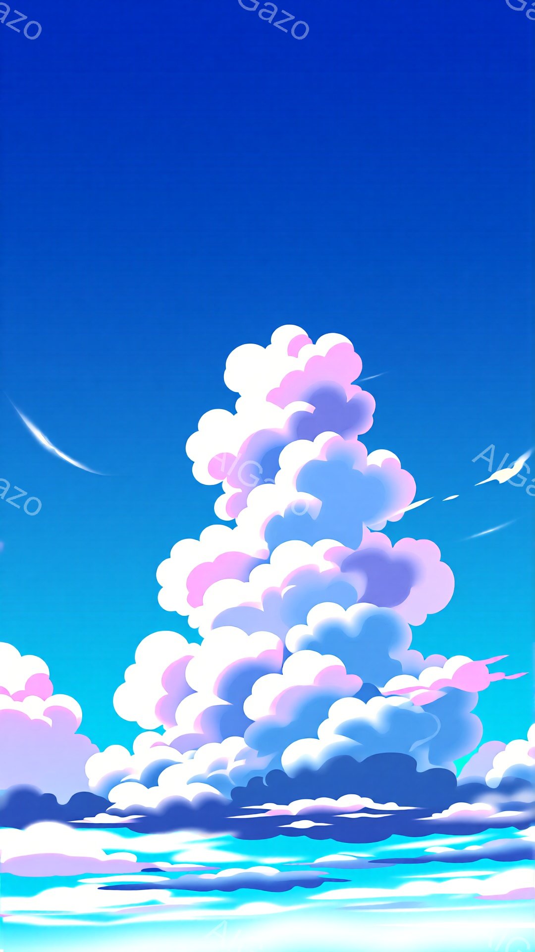 鮮やかな青空に、ピンクと白のふわふわとした雲が積み重なっています。雲はまるで綿菓子のようで、光沢があり、空には細い飛行機雲が描かれています。全体的に夢幻的で、平和な雰囲気が漂っています。