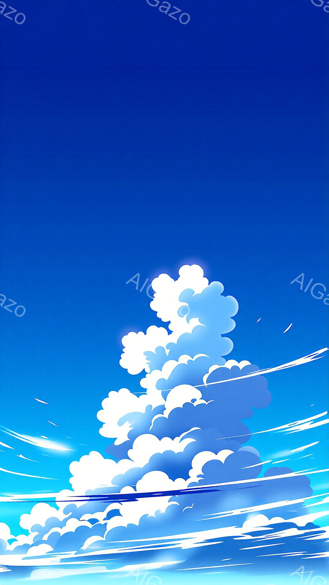 鮮やかな青空に、ふわふわとした白い雲が大きく広がっています。雲はまるで山脈のように積み重なり、光を浴びて明るく輝いています。背景には、かすかな白い線が風の動きを表すように描かれており、爽やかで開放的な雰囲気を醸し出しています。