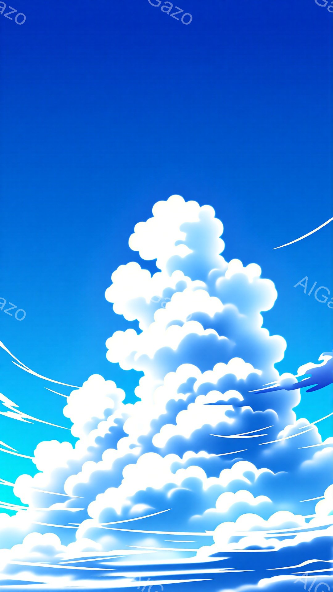 広大な青空に、もくもくとした白い雲が大きくそびえ立っている。雲はまるで塔のように積み重なり、光を受けて明るく輝いている。背景には、細い線状の雲が流れ、爽やかな夏の日の空気を表現している。