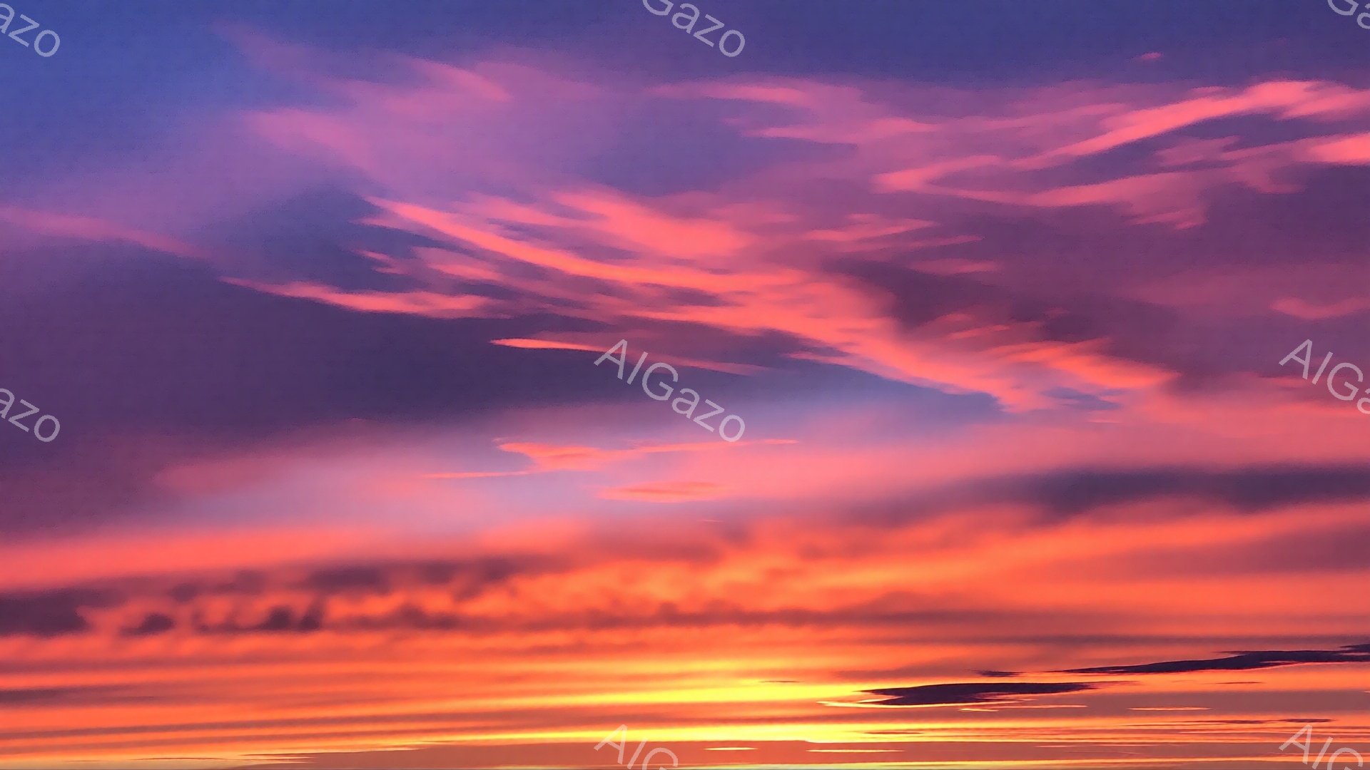 空は燃えるような赤とオレンジ、そして紫色の雲で覆われ、まるで絵画のような美しい夕焼けが広がっている。地平線には太陽が沈み、金色に輝く光が空一面に広がり、幻想的な雰囲気を醸し出している。雲の形は複雑で、まるで炎のようにも、羽のようにも見え、自然の造形美が際立っている。
