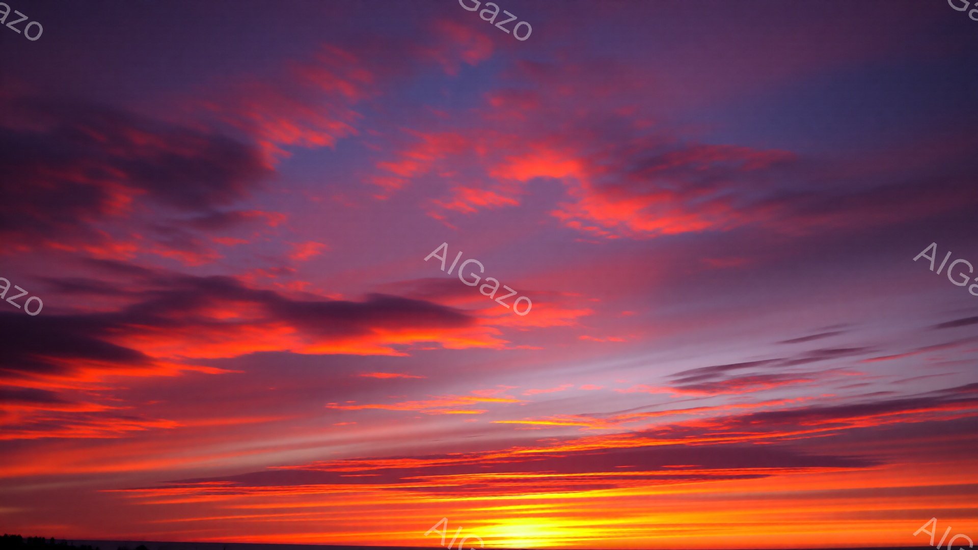 燃え盛るような夕焼け空が広がり、鮮やかな赤とオレンジ色が空全体を染め上げている。地平線には太陽が沈みかけ、強い光を放ち、空には薄い雲が放射状に広がっている。全体的にドラマチックで力強い雰囲気が漂い、見る者を圧倒する壮大な自然の美しさを表現している。