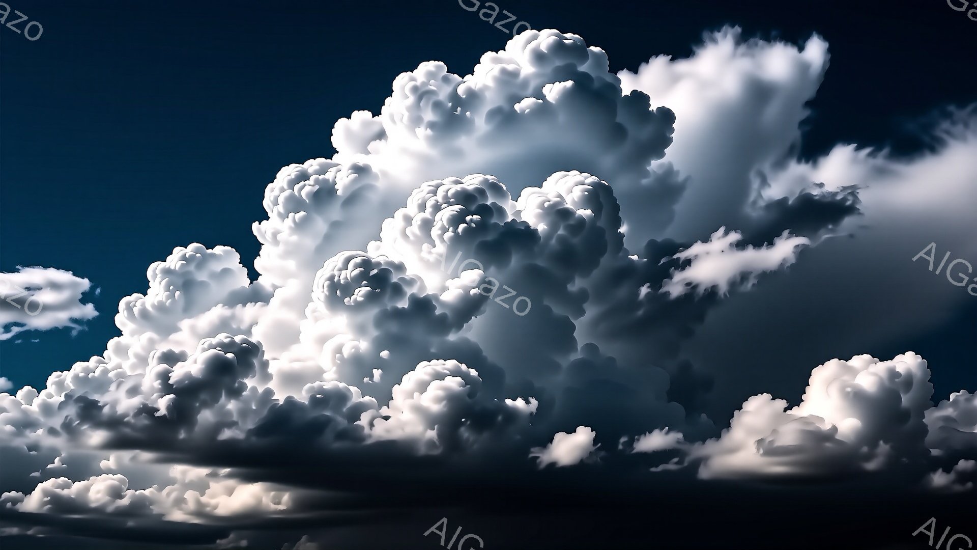 巨大で力強い積乱雲が画面を覆い、青い空を背景にその存在感を際立たせています。雲は白くふっくらとしており、光と影が劇的に表現され、まるで生き物のような躍動感があります。重厚な雲の描写は、嵐の前触れや自然の脅威を感じさせ、荘厳で少し不穏な雰囲気を醸し出しています。