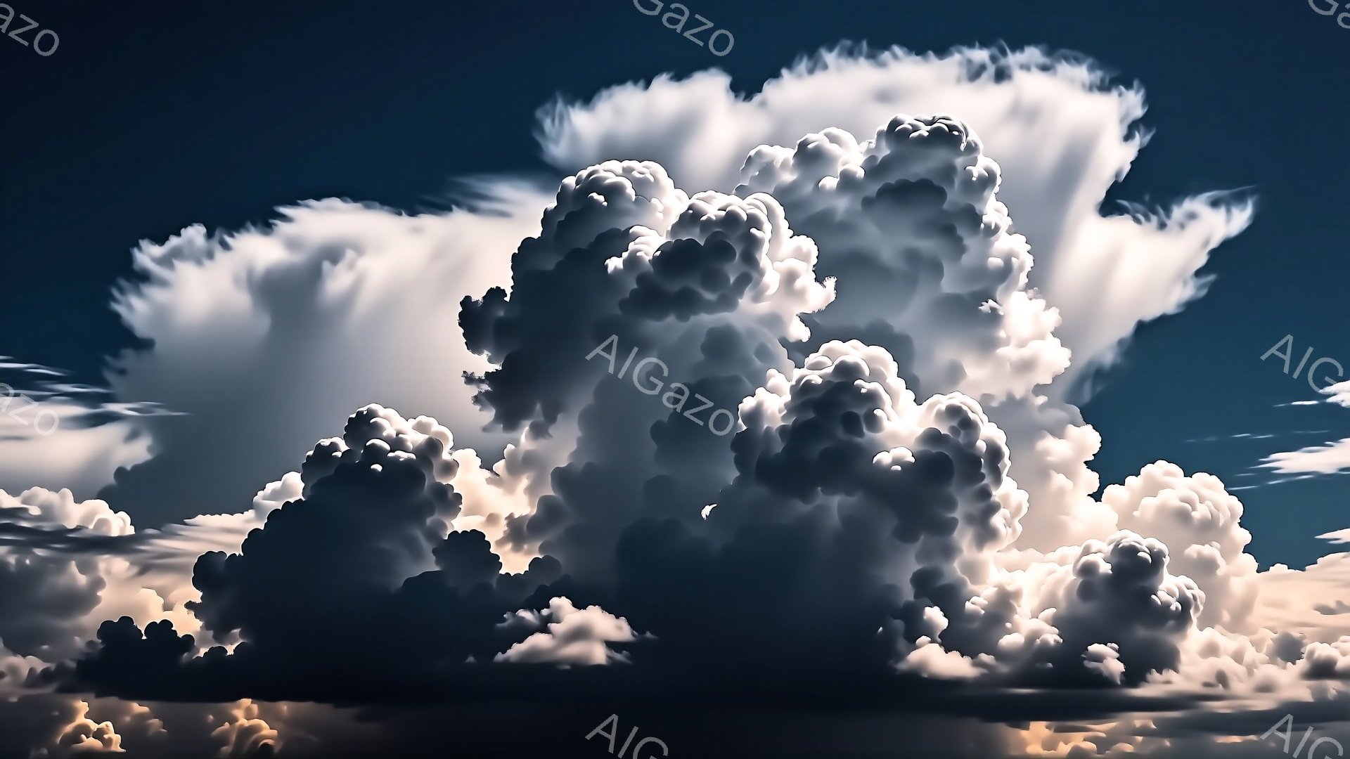 巨大な積乱雲が空を覆っており、光と影のコントラストが鮮明で、ドラマチックな空模様を作り出している。雲は白くふっくらとしており、その形はダイナミックで力強く、まるで生きているかのような印象を与える。背景は暗い青色で、雲の白さを際立たせており、全体的に畏敬の念を起こさせる壮大な光景である。