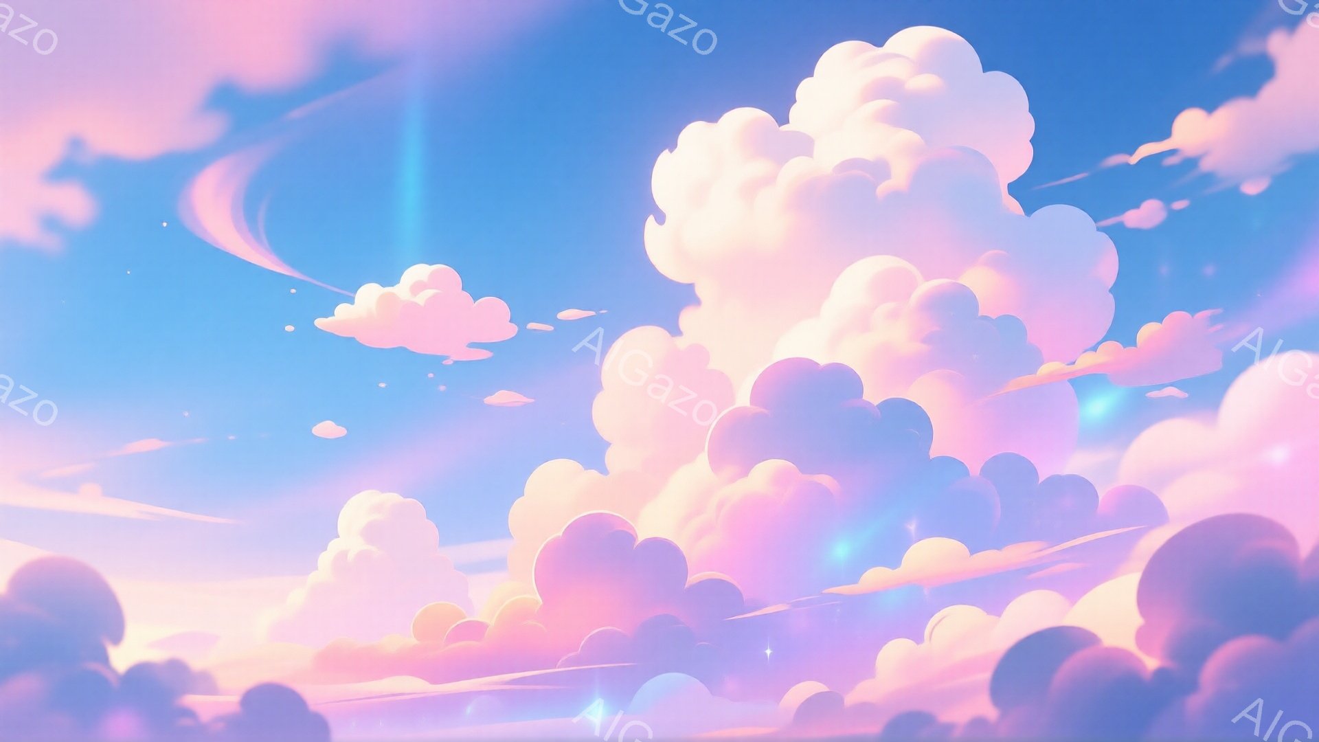 広大な空には、ピンクと紫がかったふわふわとした雲が浮かび、まるで綿菓子のように見える。雲の一部は太陽の光を浴びて金色に輝き、幻想的な雰囲気を醸し出している。全体的に穏やかで夢幻的な空模様が印象的だ。 - AI生成フリー素材