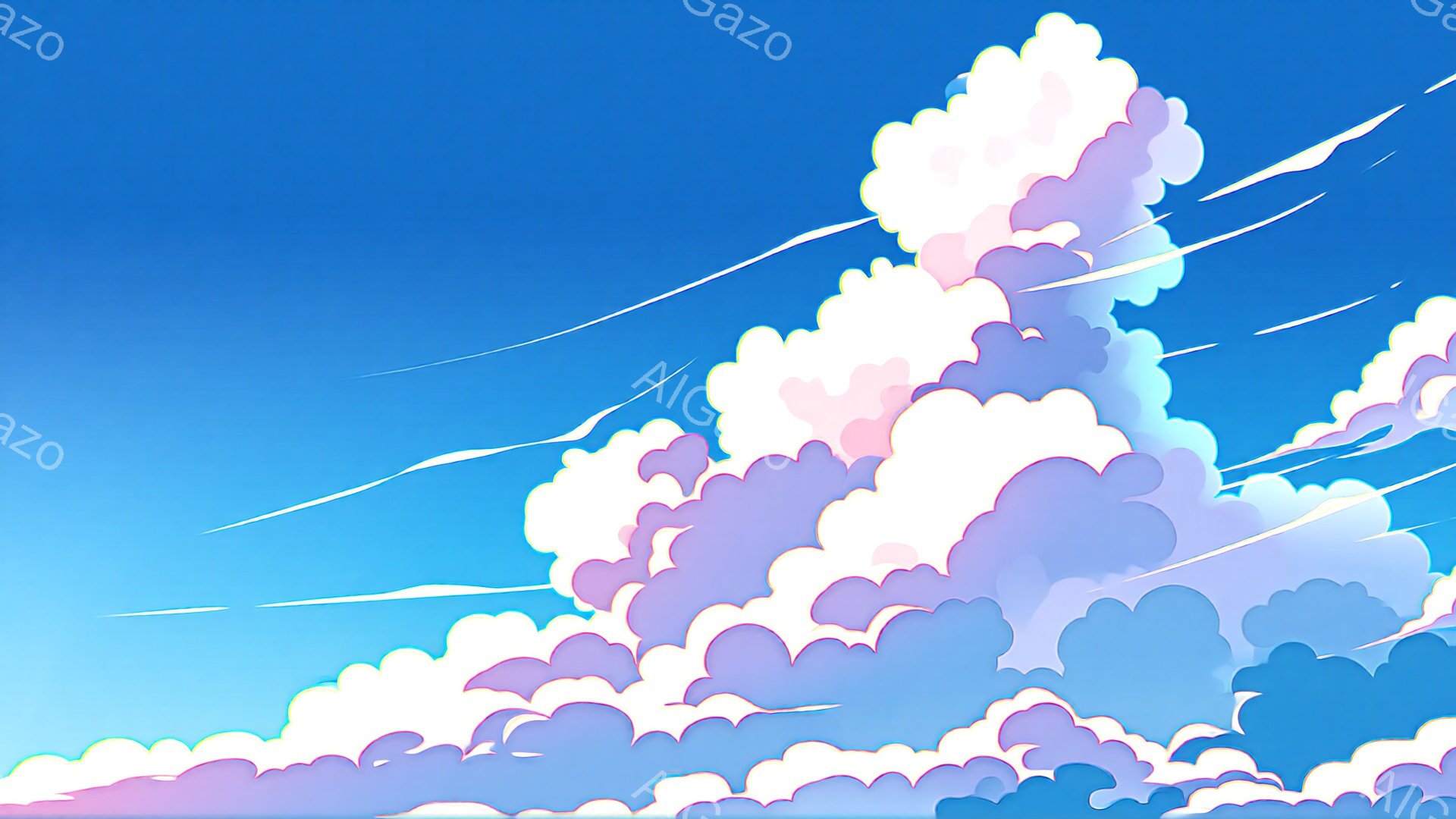 鮮やかな青空に、ふわふわとした白い雲が大きく広がっている様子が描かれています。雲はピンクや紫の淡い色合いを帯びており、まるで綿菓子のような柔らかい印象を与えます。空には、細い飛行機雲が数本、雲の合間を横切るように描かれており、静かで穏やかな雰囲気を醸し出しています。