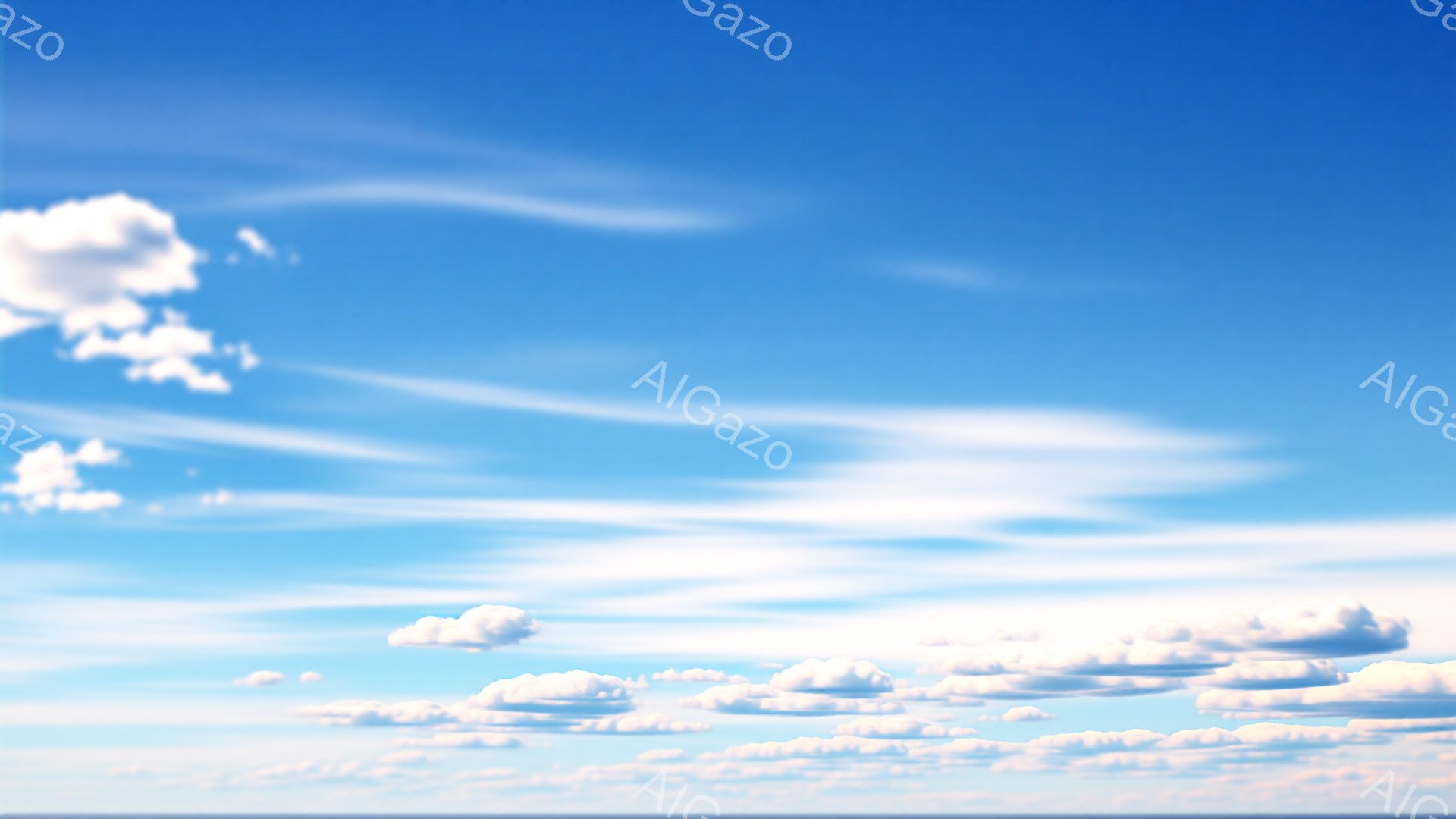 青空に白い雲が広がり、まるで綿のようなふわふわとした雲と、細く伸びた巻雲が混ざり合っている。空は明るい水色で、穏やかで平和な雰囲気を醸し出している。地平線付近は薄いグレーに見え、遠くの海や大地を示唆している。