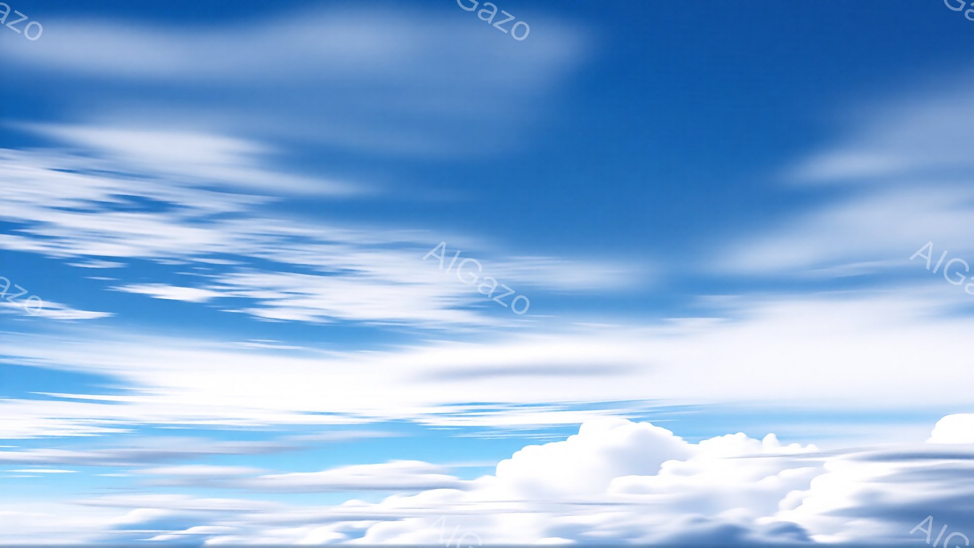 鮮やかな青空に、ふわふわとした白い雲が広がり、穏やかな雰囲気を醸し出しています。雲は様々な形をしており、まるで綿菓子のように柔らかい印象を与えます。全体的に晴れ渡った空模様で、爽やかな夏の日のような光景です。