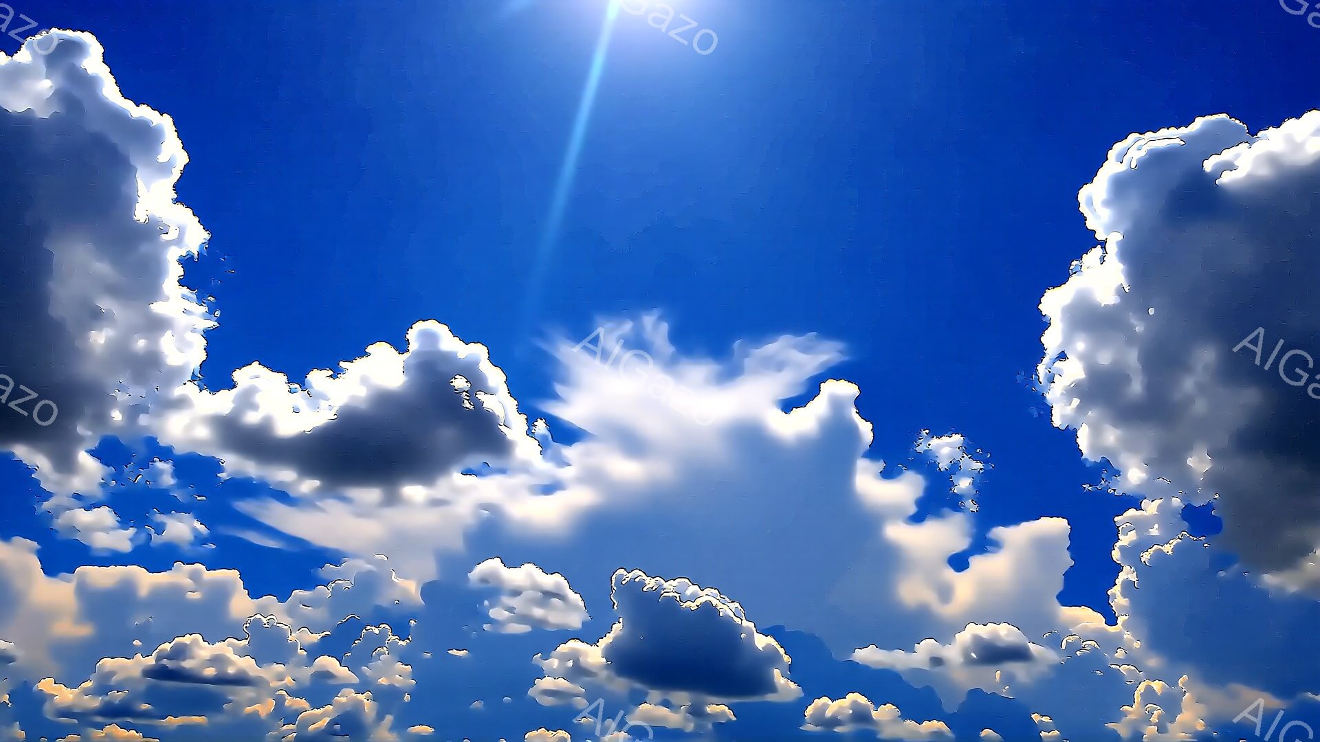 鮮やかな青空に、ふわふわとした白い雲が広がり、太陽光線が雲間から差し込んでいる様子が描かれています。雲は様々な形をしており、まるで綿菓子のように柔らかい印象を与えます。全体的に晴れやかで、開放的な雰囲気です。