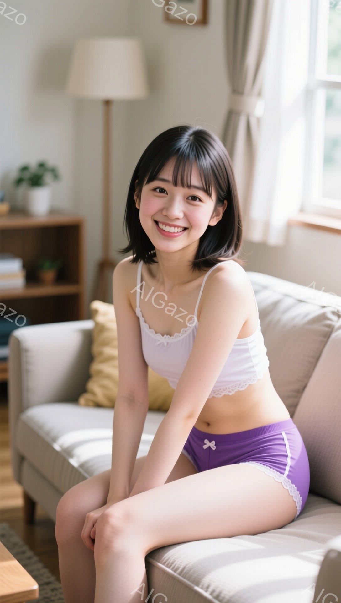 明るいリビングルームで、若い女性が白いレースのキャミソールと紫色の下着姿でソファに座っている。彼女は膝を曲げて座り、笑顔でカメラを見つめている。背景には木製のテーブルや観葉植物が見え、窓から自然光が差 - AI生成フリー素材