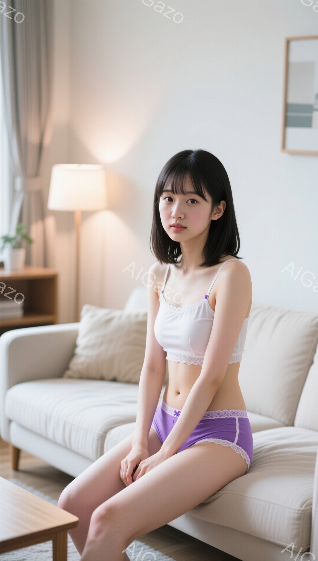 黒髪の若い女性が、白いレース付きのキャミソールと紫色のフリル付きパンツを身につけ、明るいベージュのソファに座っています。彼女は膝を曲げ、少し前かがみの姿勢で、やや憂いのある表情でこちらを見ています。背 - AI生成フリー素材