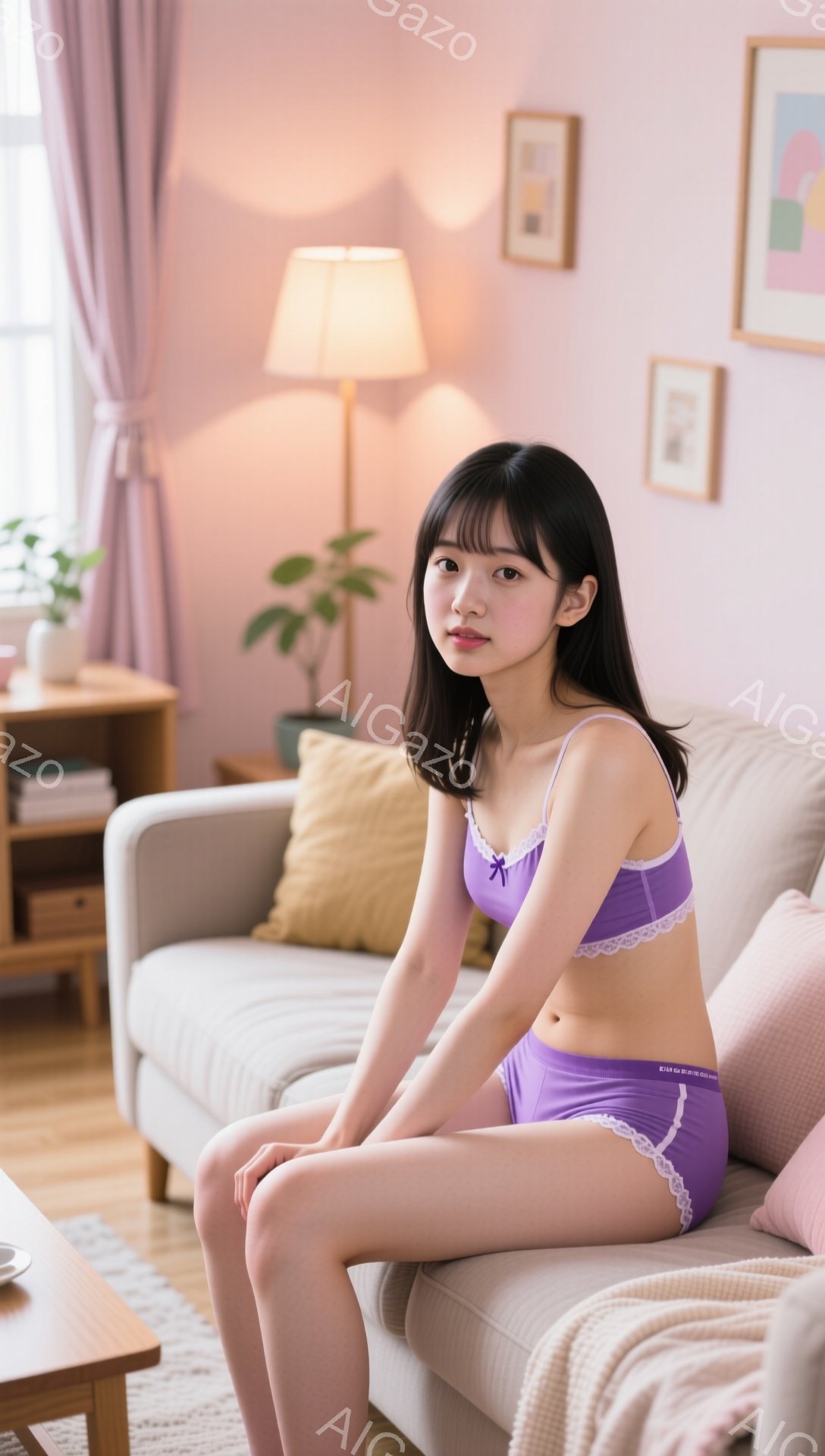 黒髪の女性が、薄紫色のキャミソールとショーツ姿で、クリーム色のソファに座っています。彼女は少し微笑んでおり、前髪が目に少しかかっています。背景には木製のキャビネット、観葉植物、そして壁にかかった絵画が - AI生成フリー素材