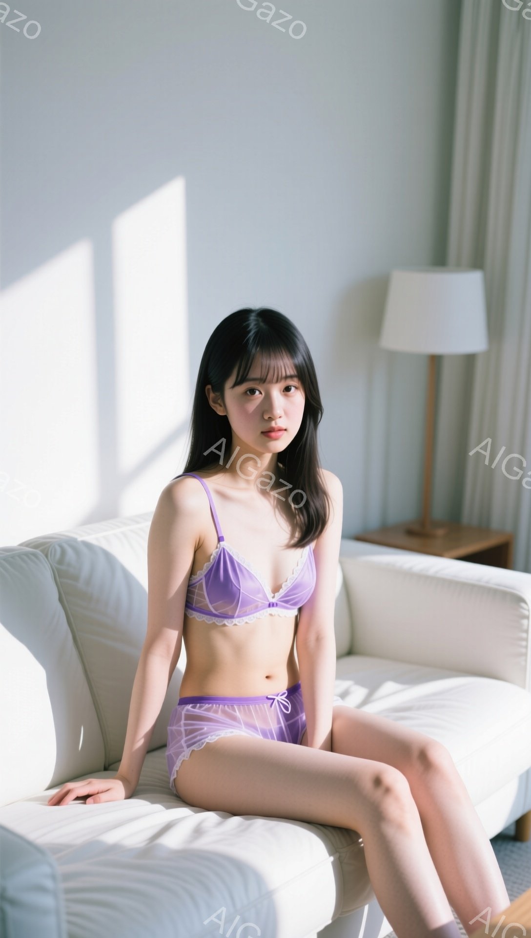 黒髪の女性が白いソファに座っており、ライラック色のレースのブラジャーとショーツを着用しています。彼女は正面を少し下を見ており、穏やかで控えめな表情を浮かべています。背景には、木製のナイトスタンドとラン - AI生成フリー素材