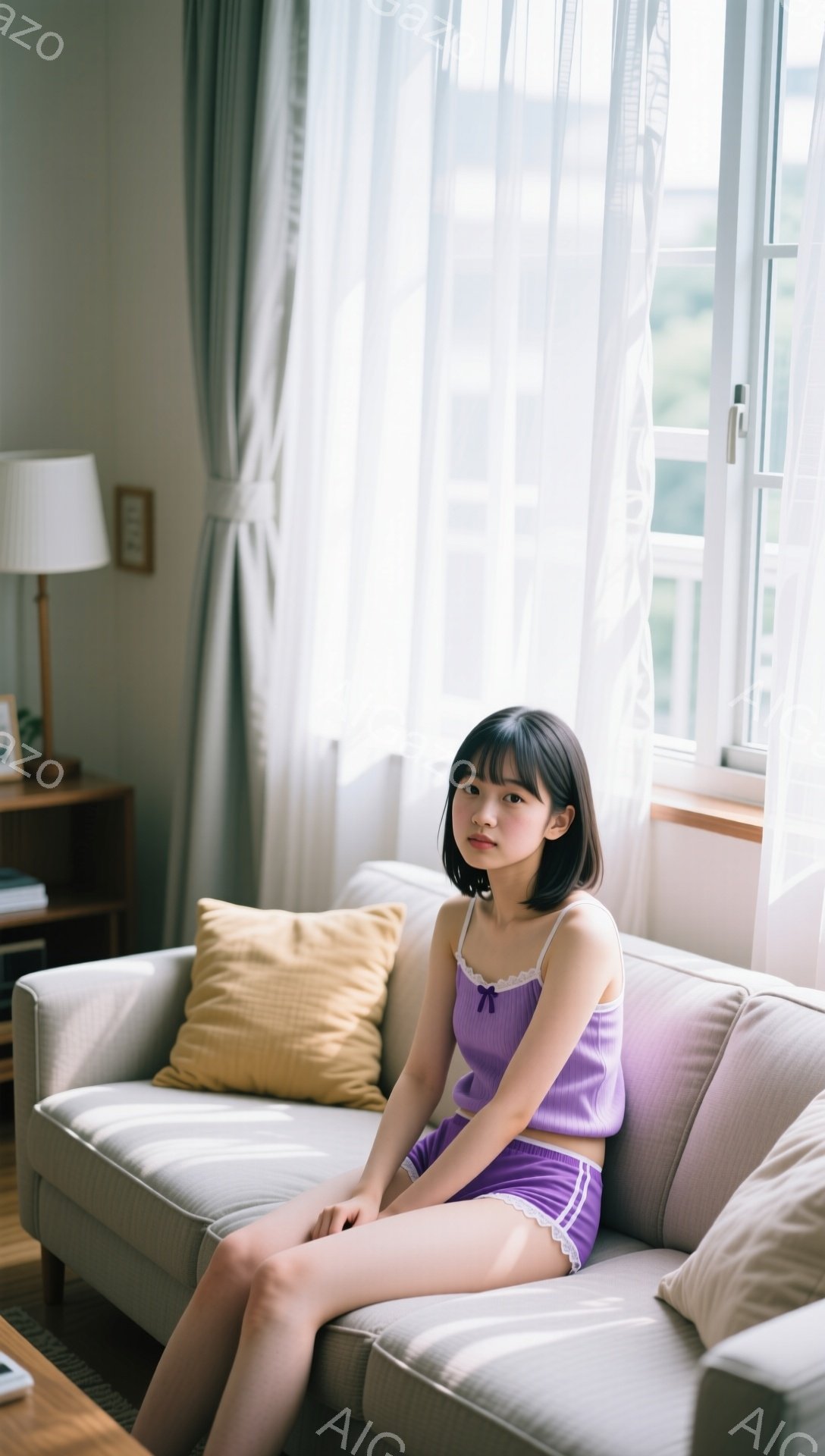 明るい室内で、若い女性がソファーに座ってこちらを見ています。紫色のキャミソールとショートパンツを身につけ、黒髪のショートボブスタイルで、やや控えめな表情をしています。背景には窓から差し込む光と白いカー - AI生成フリー素材