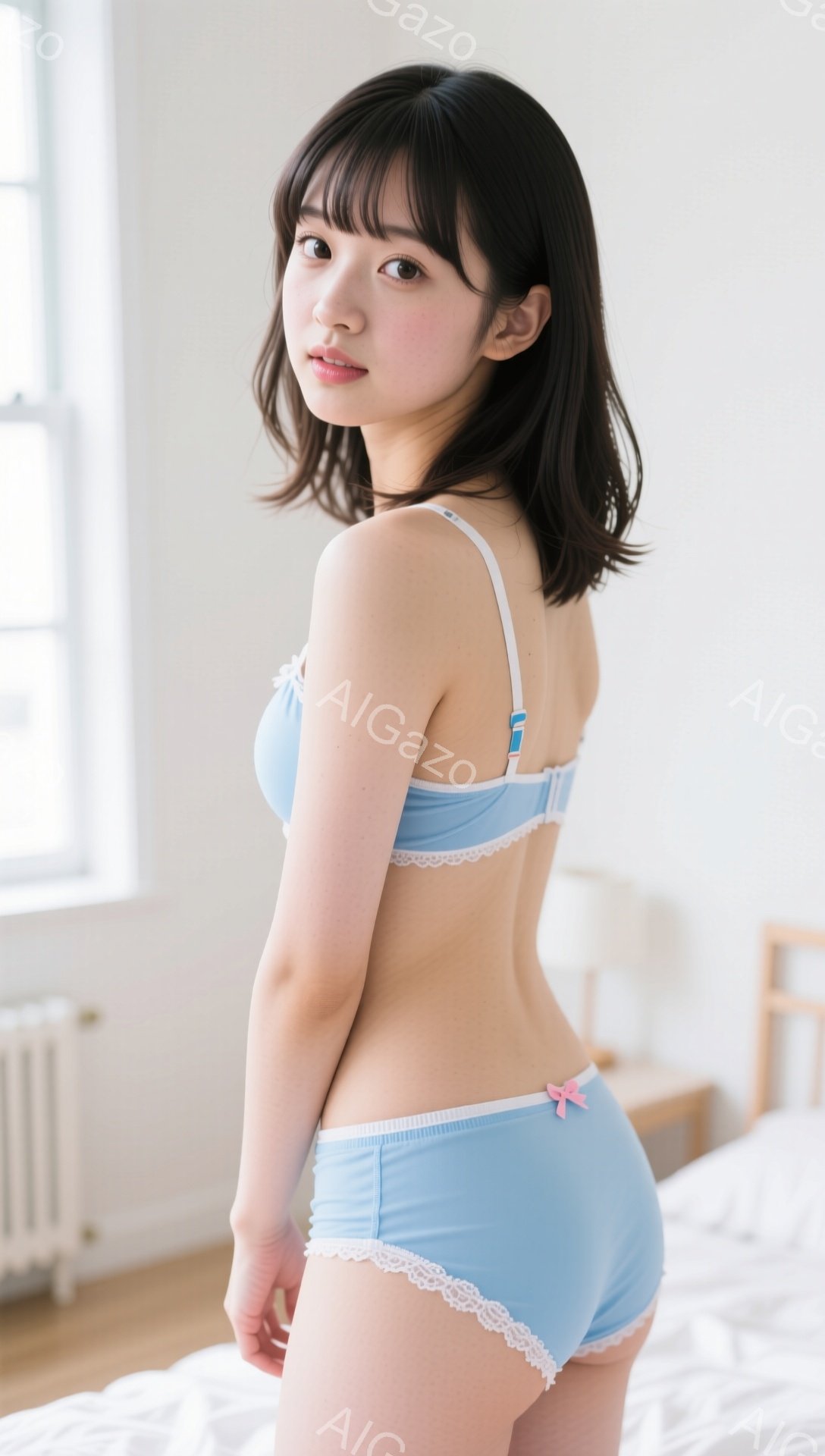 明るい色のレース装飾が施されたブラとショーツを身に着けた若い女性が、カメラに向かって背中を見せています。彼女は肩まで伸びた黒髪で、わずかに微笑んでいます。背景は、白いベッドと窓が見える明るい室内で、全 - AI生成フリー素材