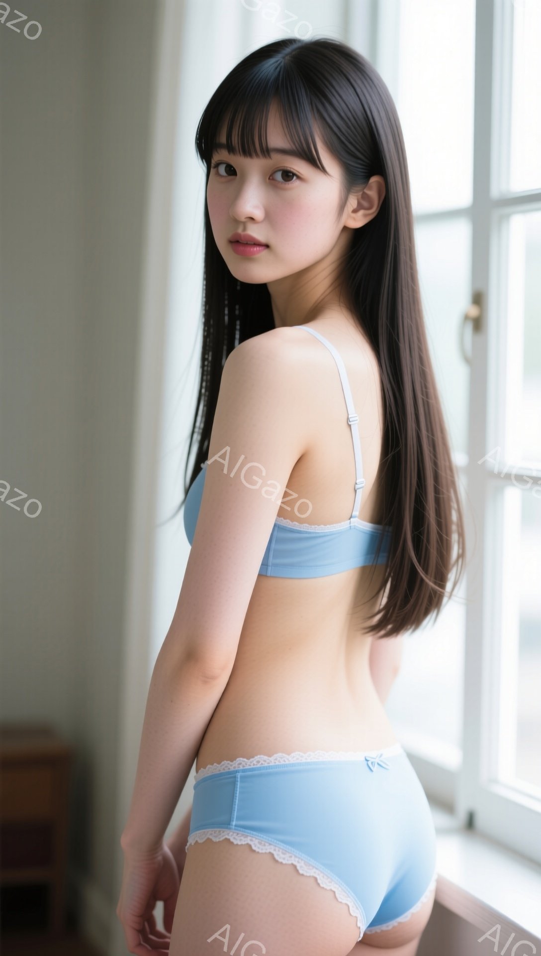 黒髪のロングヘアを肩から後ろに流した若い女性が、窓辺でポーズをとっています。水色のブラとショーツのセットアップ姿で、少し微笑んだ表情を浮かべています。背景は白い壁と窓枠で、柔らかい光が差し込み、全体的に穏やかな雰囲気を醸し出しています。