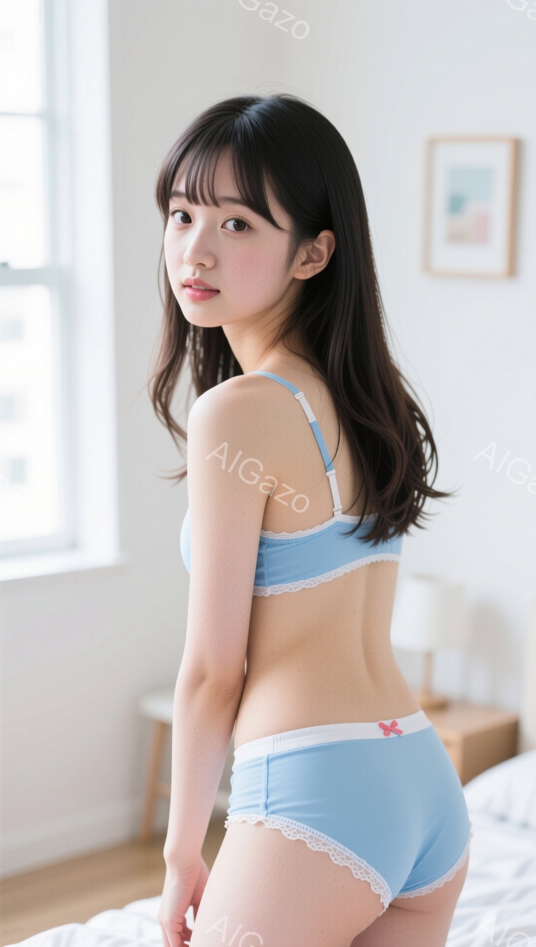 長い黒髪で、前髪は眉毛にかかるようにカットされている女性が描かれています。水色のレースのついた下着姿で、ベッドに寄りかかりながら後ろを振り返っています。背景には木製のナイトスタンドと絵画が見え、明るく - AI生成フリー素材