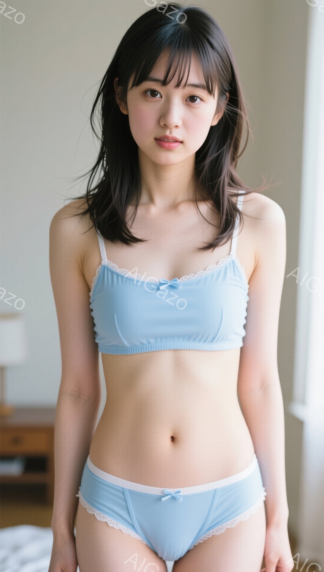 青いブラとショーツを着用した若い女性が立っています。彼女は長い黒髪で、表情は穏やかで、わずかに微笑んでいます。背景は室内で、ぼやけた家具が見えます。 - AI生成フリー素材