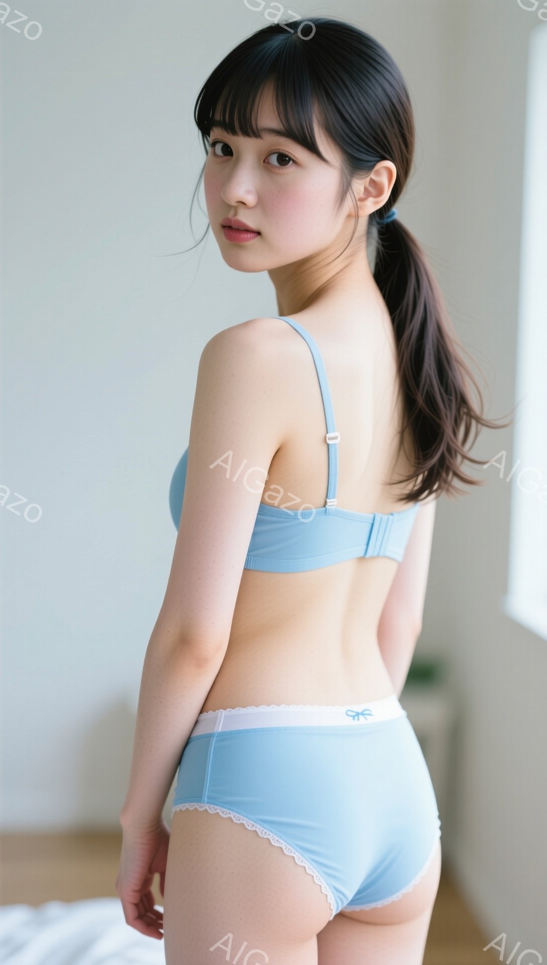 彼女は水色のブラとショーツのアンダーウェア姿で、少し振り返ってこちらを見ている。髪はダークブラウンで、後ろで一つに結ばれている。背景は白い壁で、ベッドの一部が見え、全体的に柔らかく明るい雰囲気である。 - AI生成フリー素材