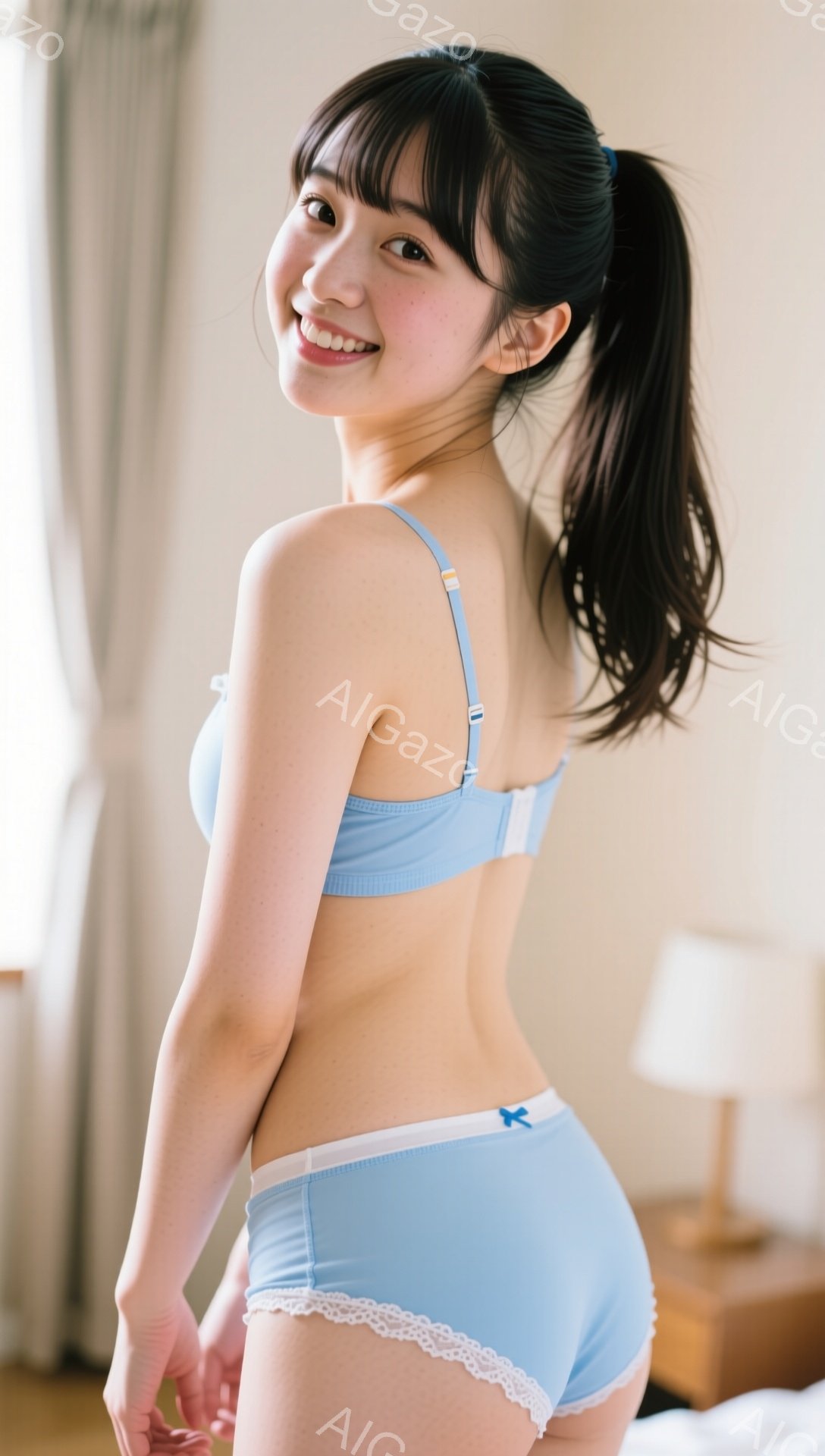 明るい色のブラとショーツを身につけた女性が、少し振り返ってこちらを見ている。彼女は長い黒髪をポニーテールにしており、笑顔で親しみやすい表情を見せている。背景には木製の家具と白いカーテンが見え、室内が明るく穏やかな雰囲気を醸し出している。