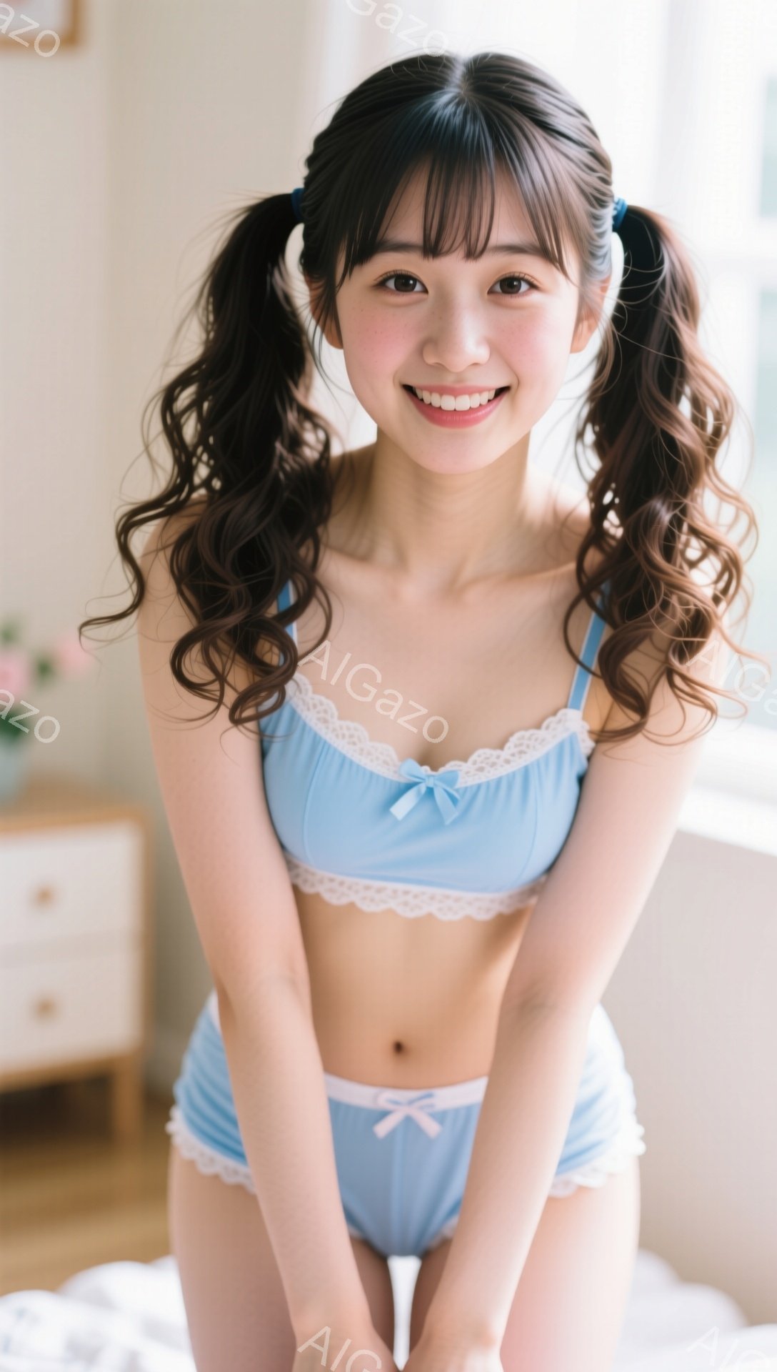 明るい室内で、巻き髪のツインテールにした若い女性が、パステルブルーのレースとリボンが飾られた下着姿で微笑んでいます。彼女は少し膝を曲げ、両手を腰に当てて立っており、リラックスした雰囲気です。背景には木 - AI生成フリー素材