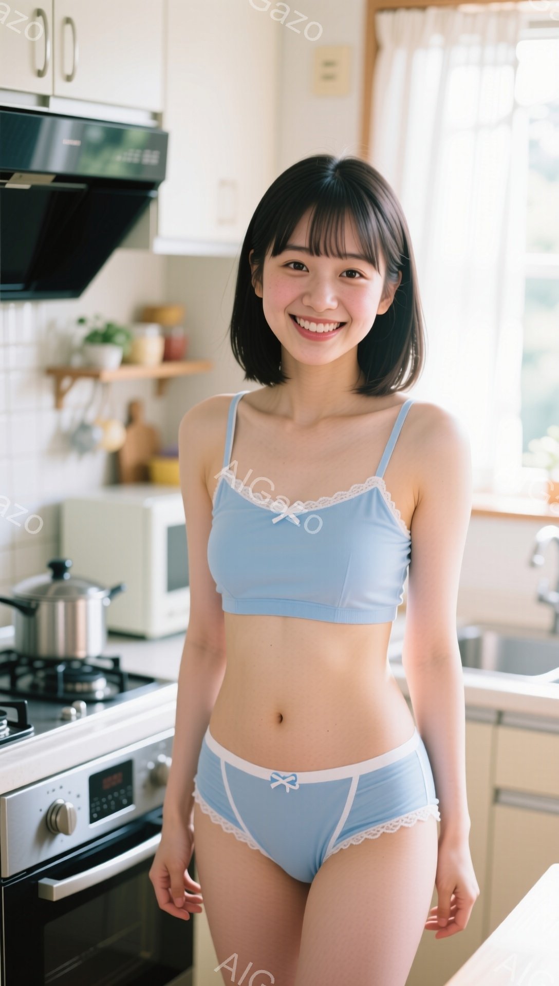 明るいキッチンで、短い茶髪の女性がカメラに向かって微笑んでいます。彼女は水色のブラとショーツのセットを着ており、姿勢は自然でリラックスしています。背景には調理台や冷蔵庫、植物などが映り込み、家庭的で温 - AI生成フリー素材
