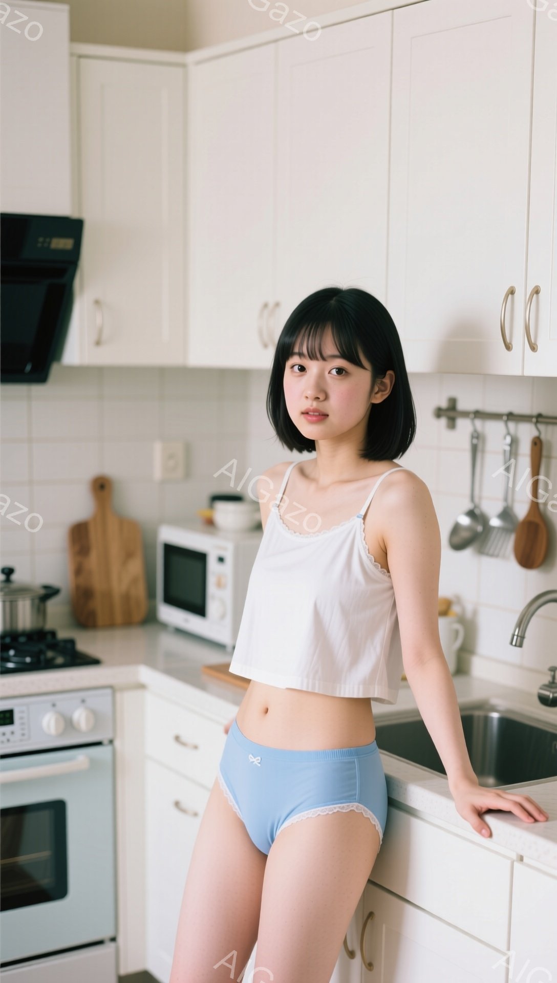 茶髪のショートヘアで、前髪が少し目にかかる女性がキッチンに立っている。白いキャミソールと水色の下着姿で、リラックスした表情で壁に寄りかかり、片手をカウンターに当てている。背景には、白を基調とした清潔感のあるキッチン、ガスレンジ、シンク、調理器具などが写っており、全体的に明るく穏やかな雰囲気が漂っている。