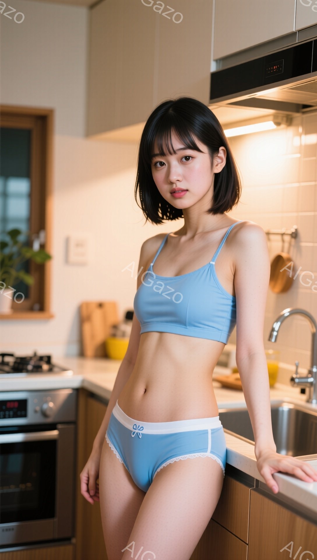 薄い水色のキャミソールとショーツ姿の若い女性がキッチンに立っている。彼女は黒髪で前髪が目にかかり、少し微笑んだ表情をしている。背景には木製のキッチンキャビネット、ステンレス製のシンク、ガスコンロがあり、明るい日差しが差し込んでいる。