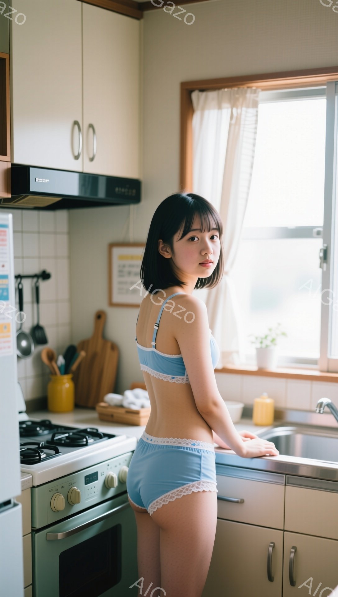 明るいキッチンで、若い女性が水色の下着姿でポーズをとっています。彼女は肩まで届く黒髪で、少し微笑んだ表情でこちらを見ています。背景には調理器具や窓から見える緑があり、暖かく家庭的な雰囲気が漂っています - AI生成フリー素材