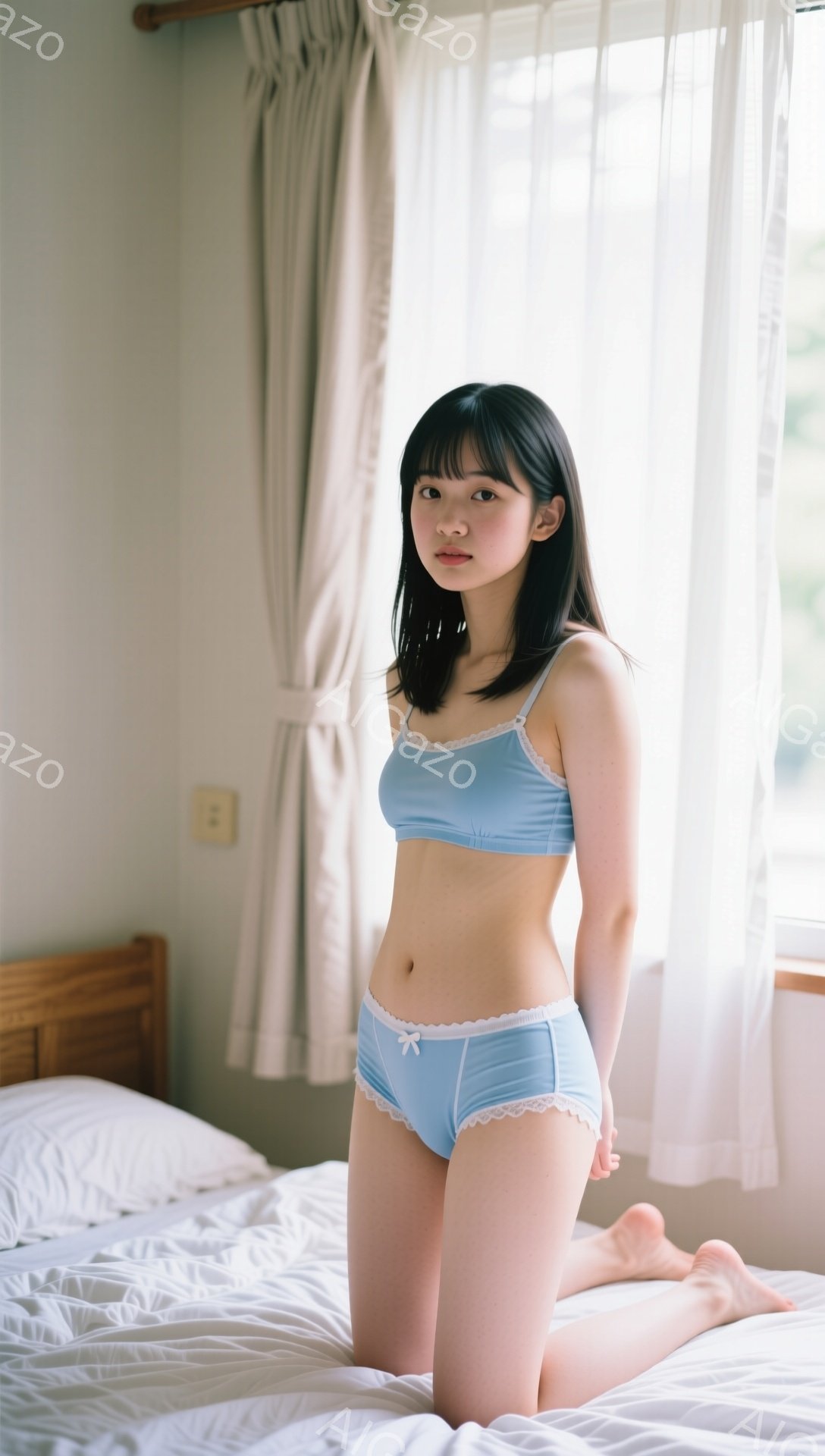 若い女性が薄い水色のランジェリーセットを着用し、白いベッドの上に膝をついて立っている。彼女は黒髪で、前髪が目にわずかに触れるようにカットされている。窓からの柔らかい光が彼女を照らし、優しく穏やかな雰囲 - AI生成フリー素材