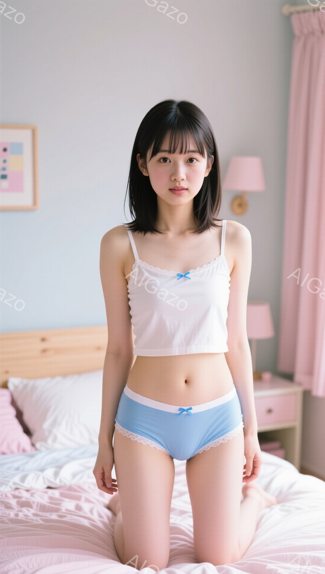 若い女性がピンク色のベッドの上にひざまずいて立っている。白いレースのキャミソールと、水色のリボンがついた下着を身に着けており、黒髪のショートヘアは前髪を下ろしたスタイルである。彼女は穏やかな表情で正面 - AI生成フリー素材